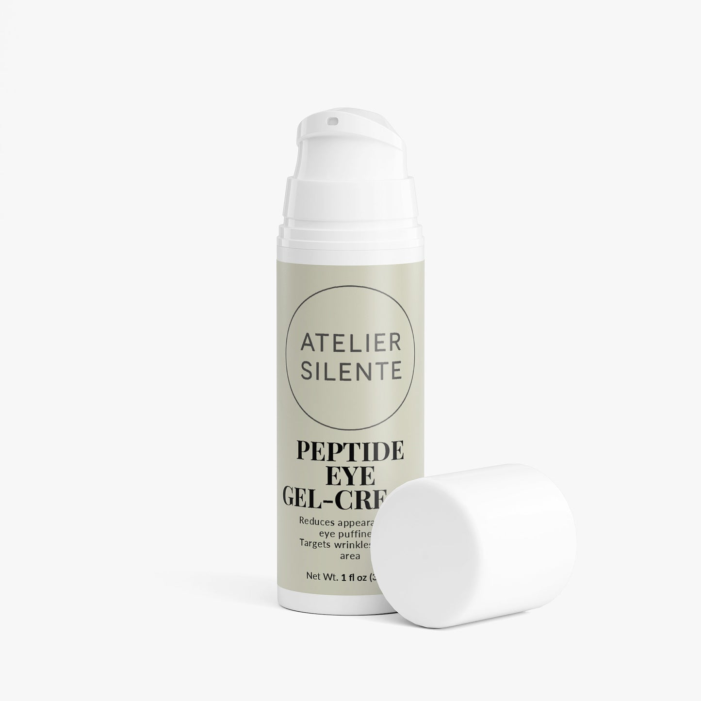 Peptide Eye Gel-Cream packaging, designed to de-puff and hydrate tired eyes with a silk-gel formula.