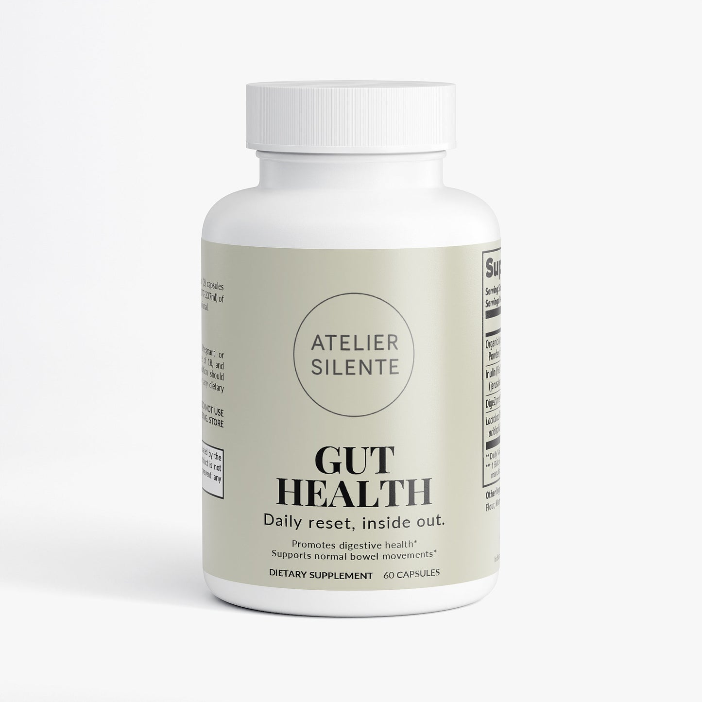 Gut Health dietary supplement bottle promoting digestive health and normal bowel movements.