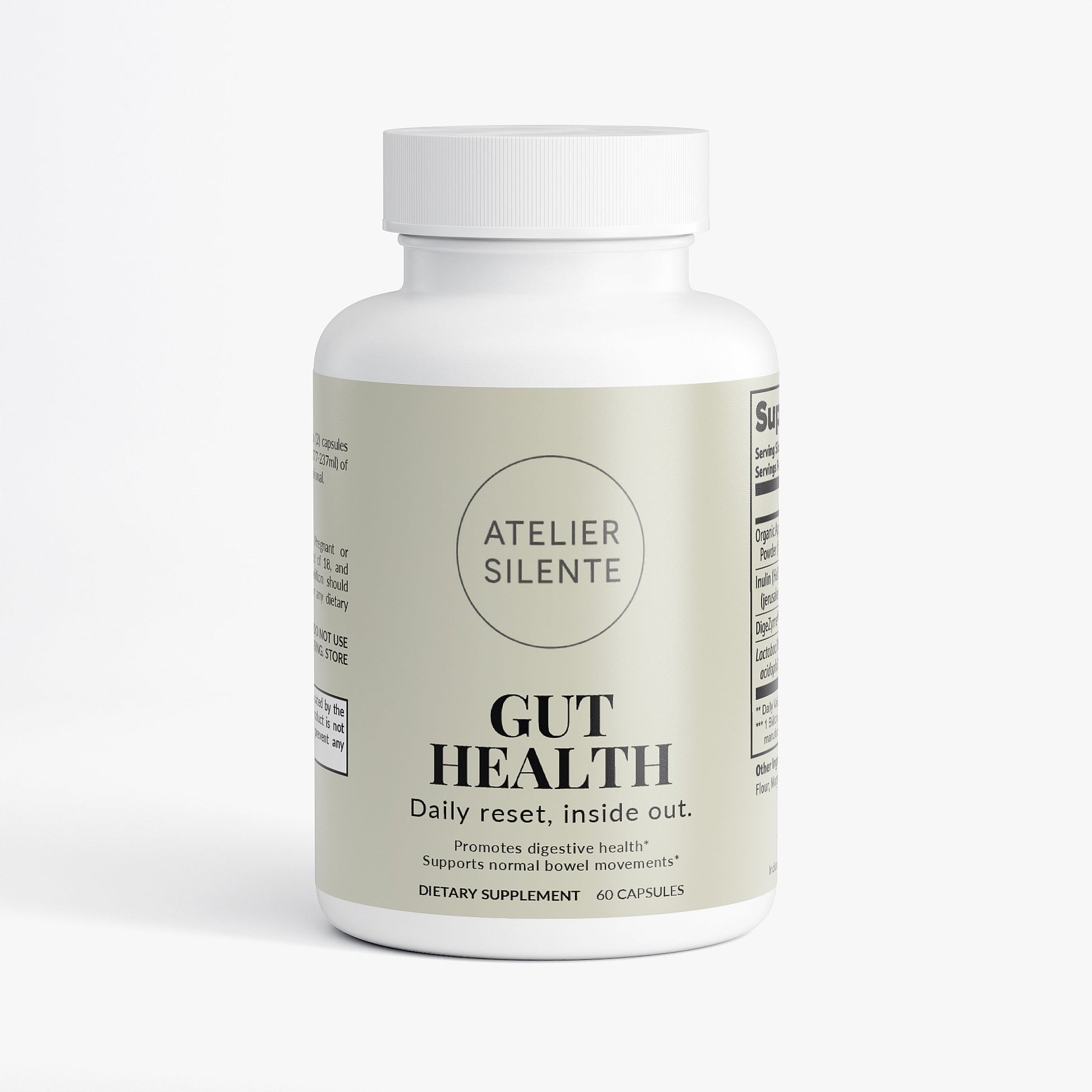 Gut Health dietary supplement bottle promoting digestive health and normal bowel movements.