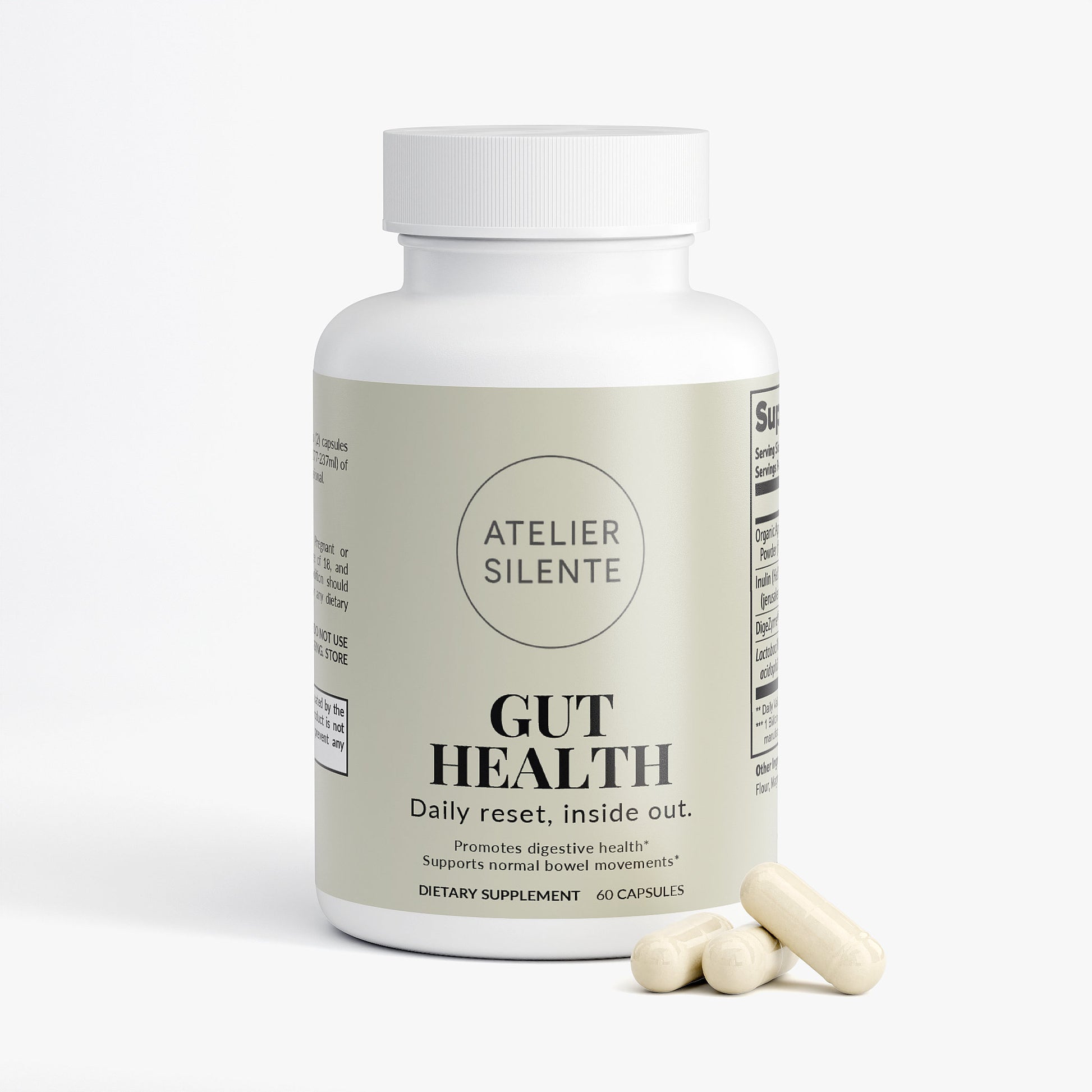 Gut Health dietary supplement bottle with capsules for digestive health and regular bowel movements.