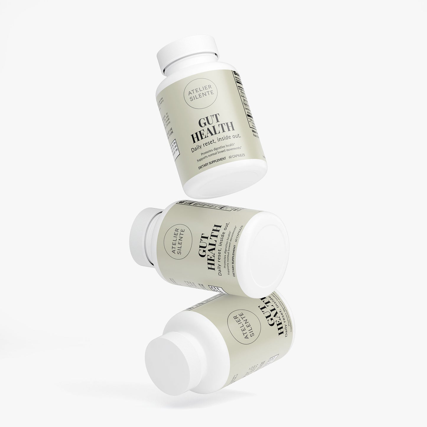Three bottles of Gut Health supplements promoting digestive wellness and reducing post-meal bloat.