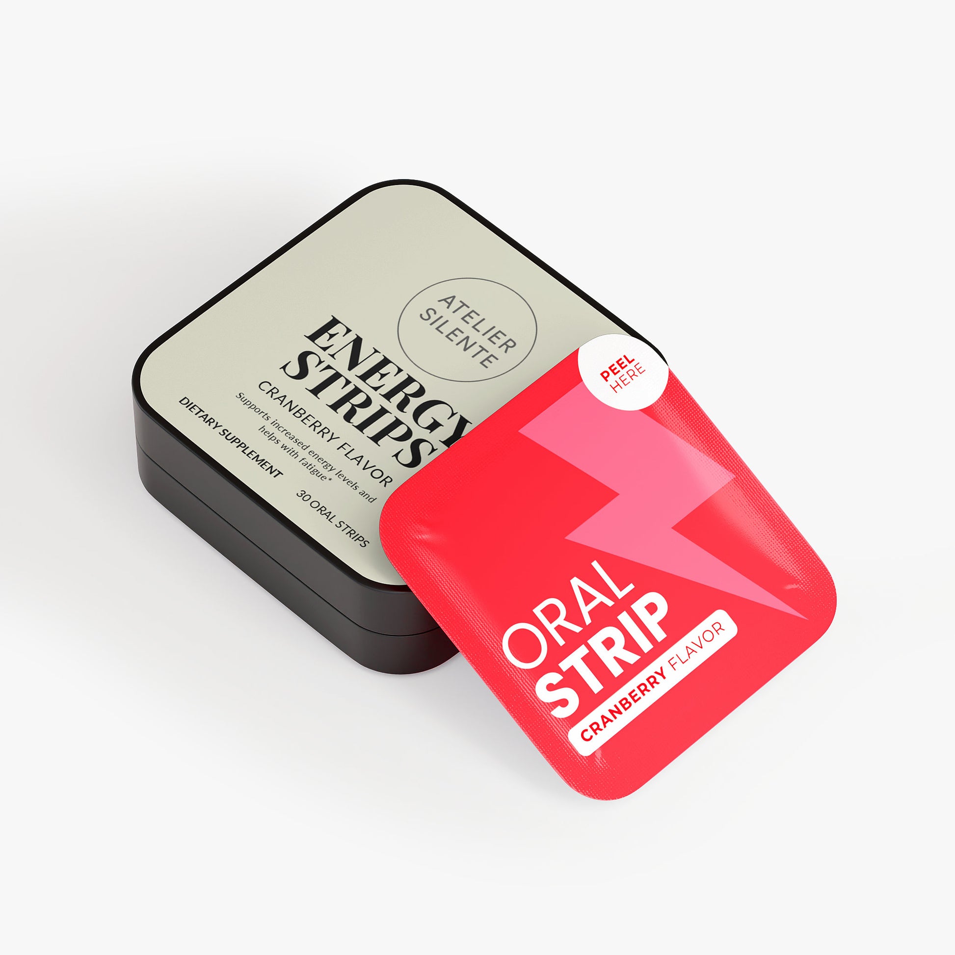 Energy Strips cranberry flavor tin with oral strip packaging for quick focus and alertness.
