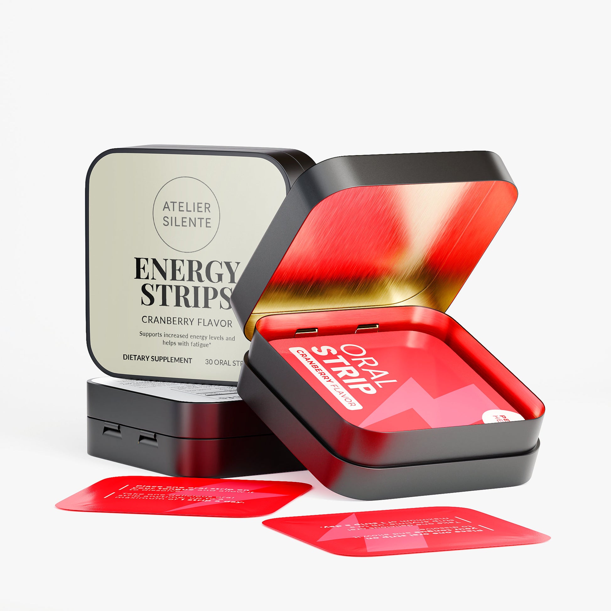 Energy Strips cranberry flavor packaging with open tin and red oral strips for quick focus boost.