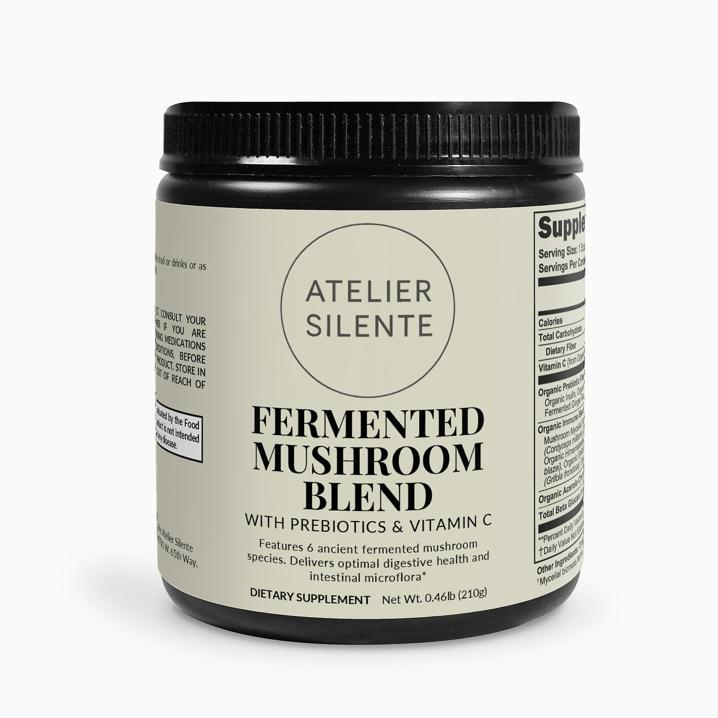 Fermented Mushroom Blend dietary supplement jar with prebiotics and vitamin C, supports digestive health and immunity.