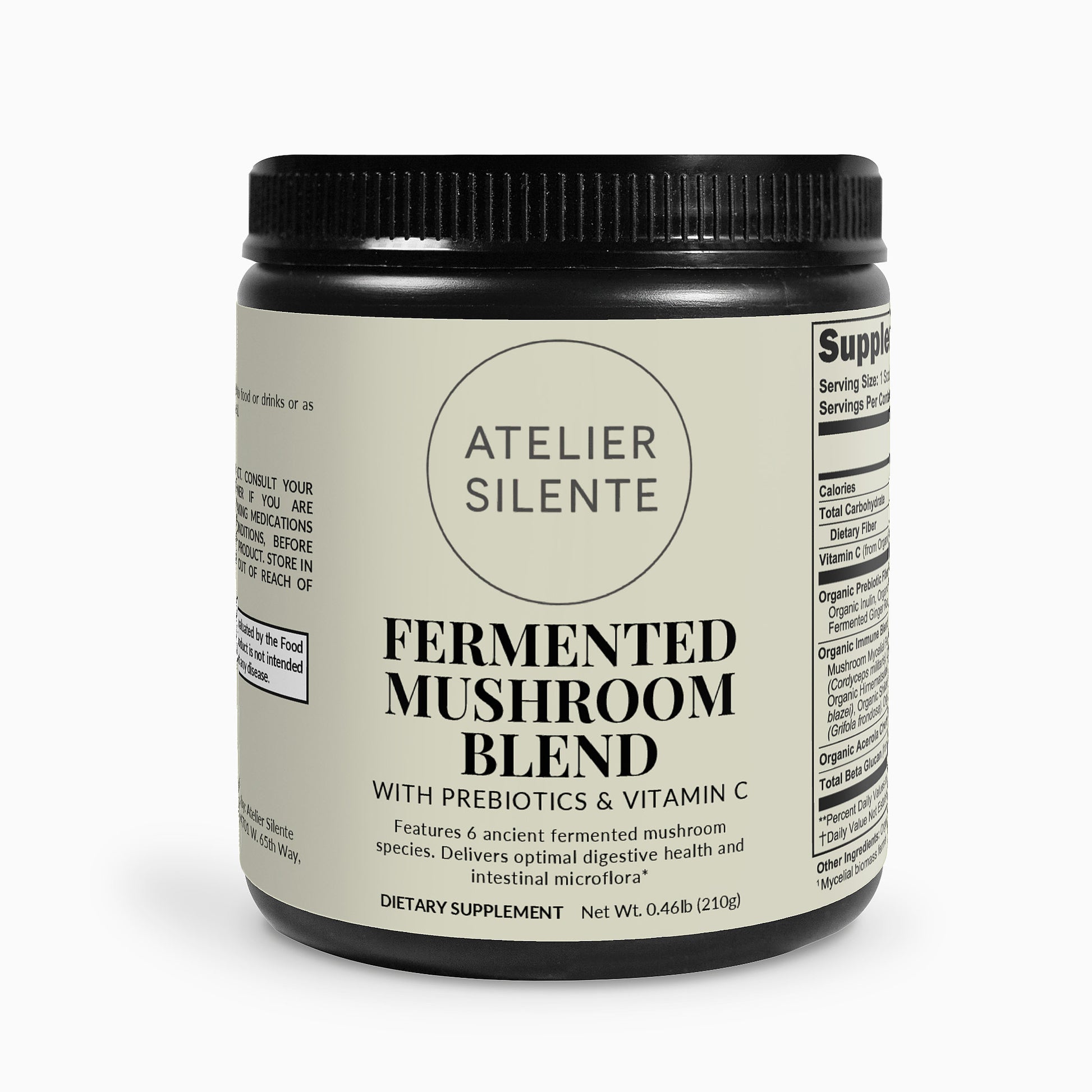 Fermented Mushroom Blend dietary supplement jar with prebiotics and vitamin C, supports digestive health and immunity.
