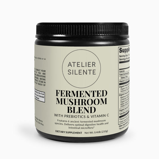 Fermented Mushroom Blend dietary supplement jar with prebiotics and vitamin C, supports digestive health and immunity.
