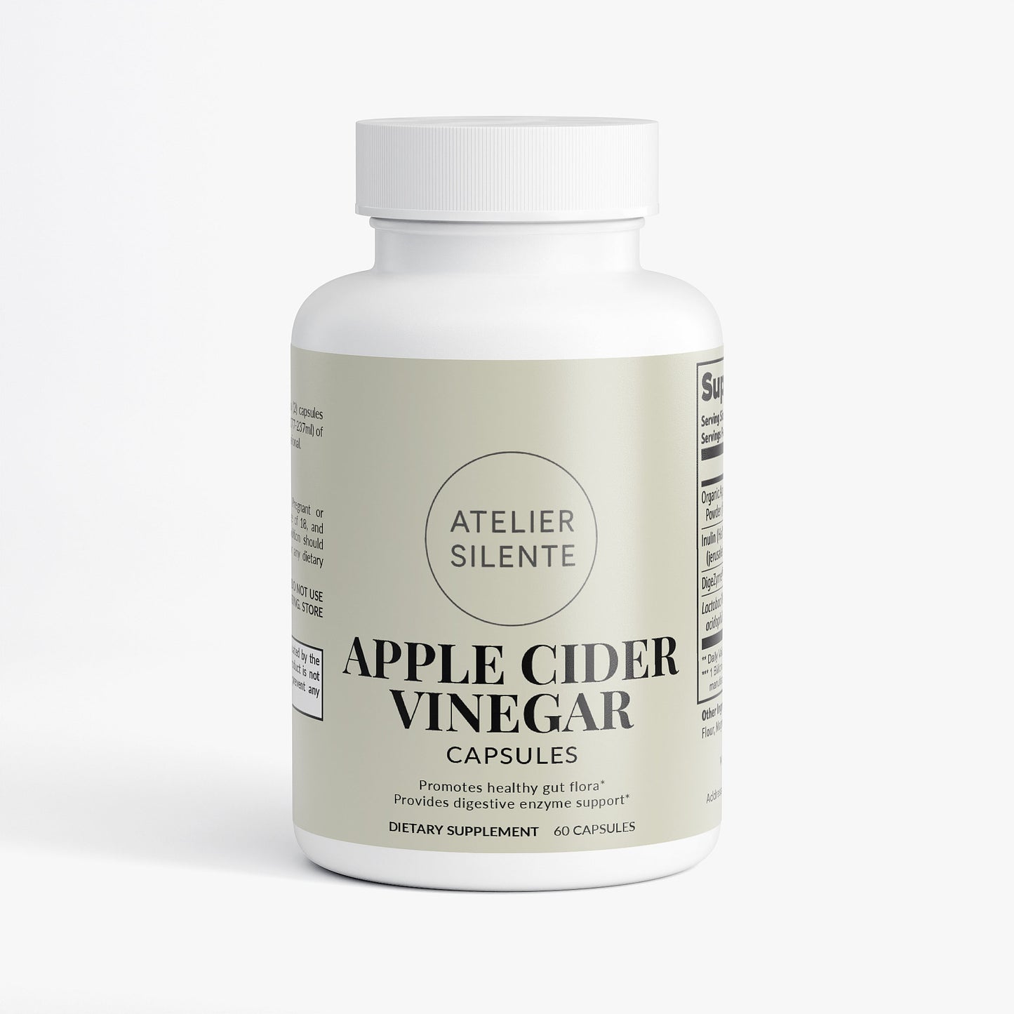 Apple Cider Vinegar Capsules bottle, dietary supplement promoting healthy gut flora and digestive enzyme support.