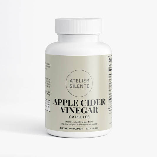 Apple Cider Vinegar Capsules bottle, dietary supplement promoting healthy gut flora and digestive enzyme support.