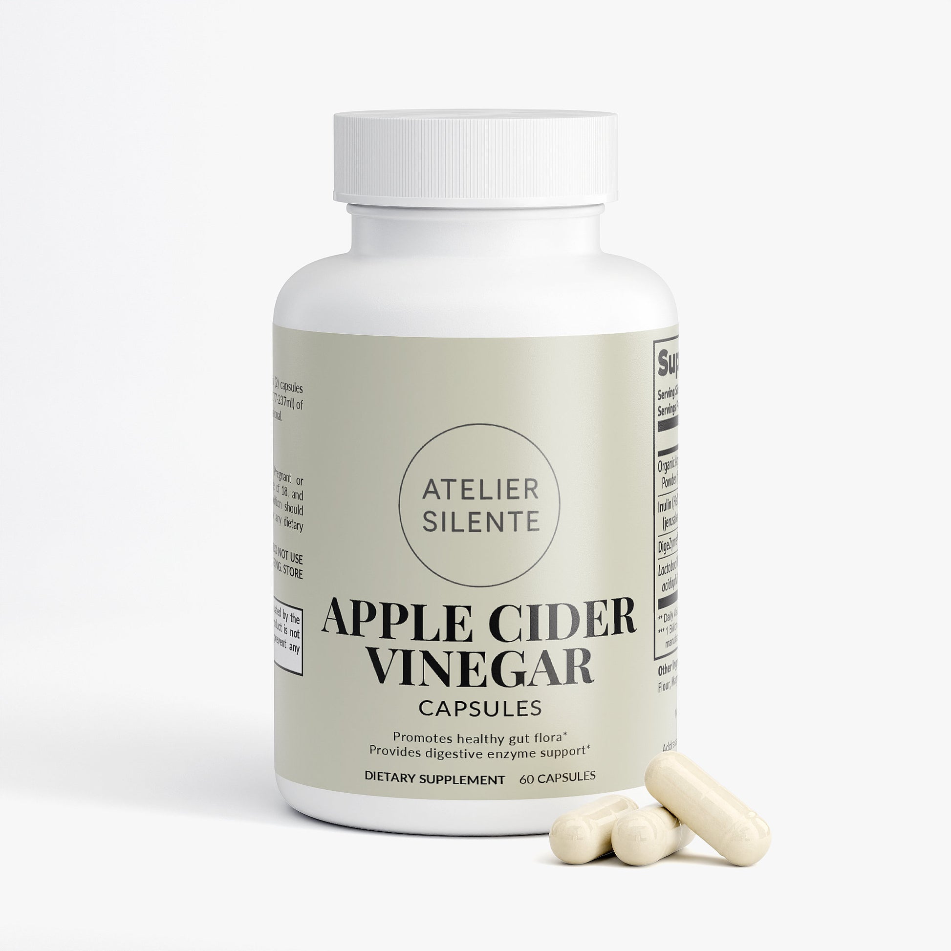 Apple Cider Vinegar Capsules bottle for digestive support and gut health, featuring 60 dietary supplement capsules.