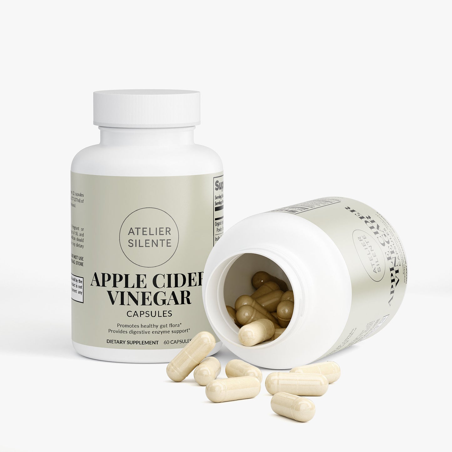 Apple Cider Vinegar Capsules bottle with open lid and spilled capsules on the table.