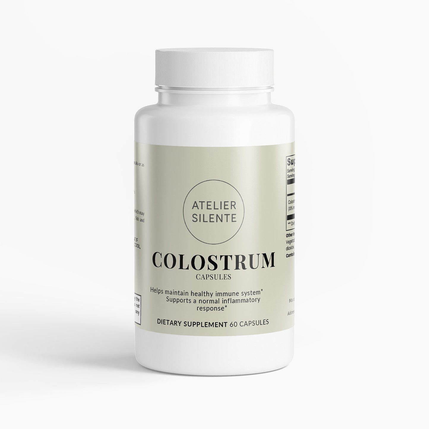 Colostrum Capsules dietary supplement bottle for digestive comfort and immune support