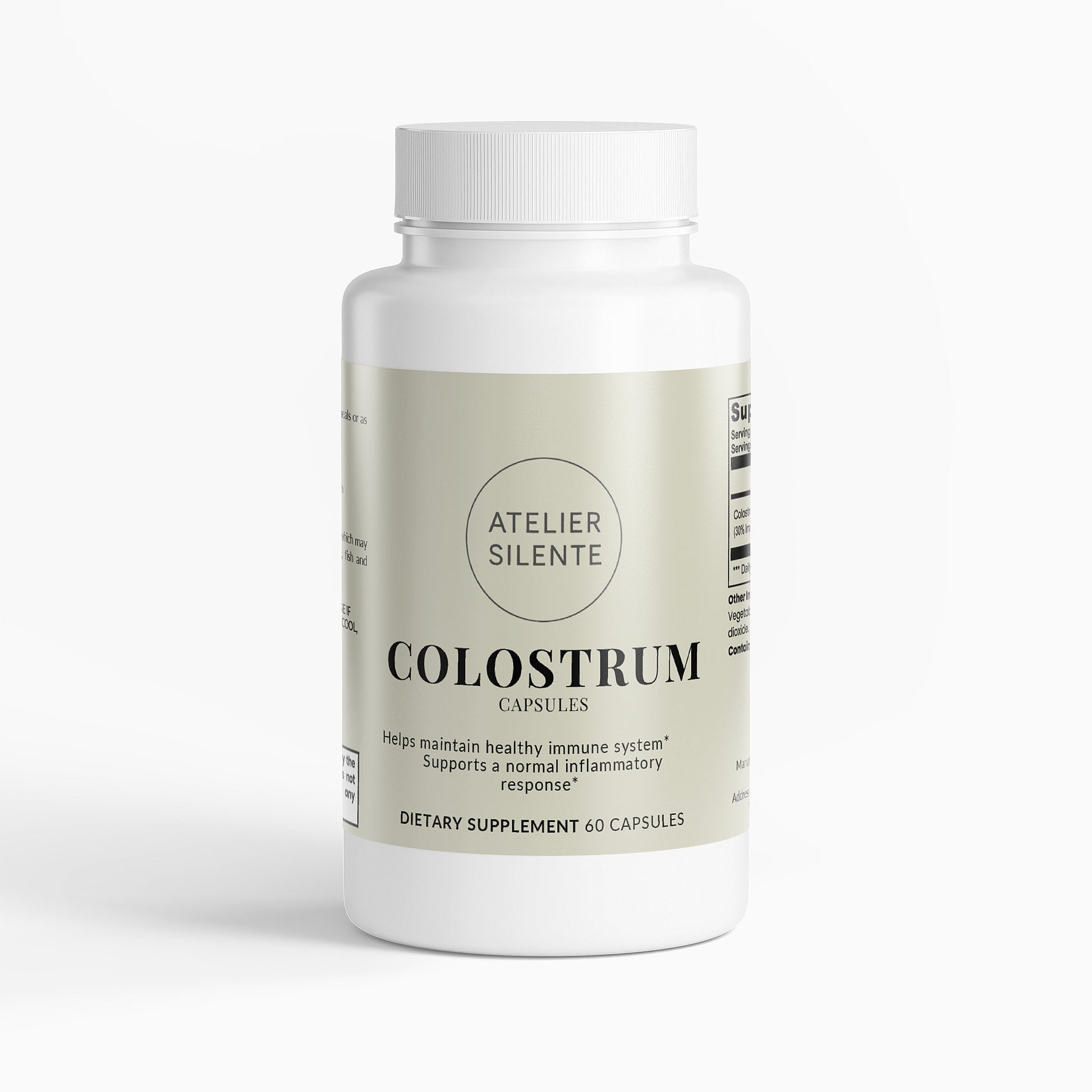 Colostrum Capsules dietary supplement bottle for digestive comfort and immune support