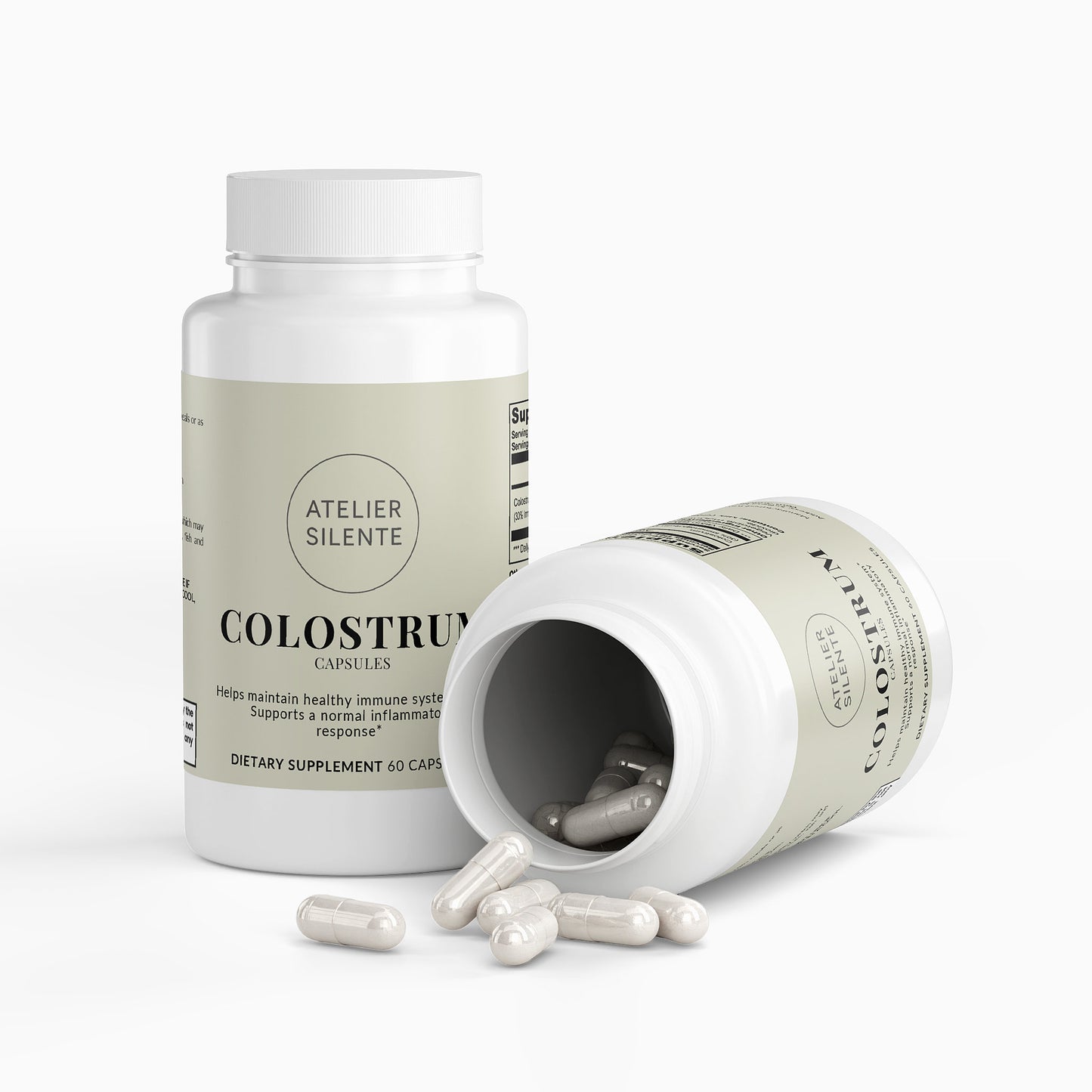 Colostrum Capsules bottle with capsules spilled out, promoting digestive comfort and immune support.