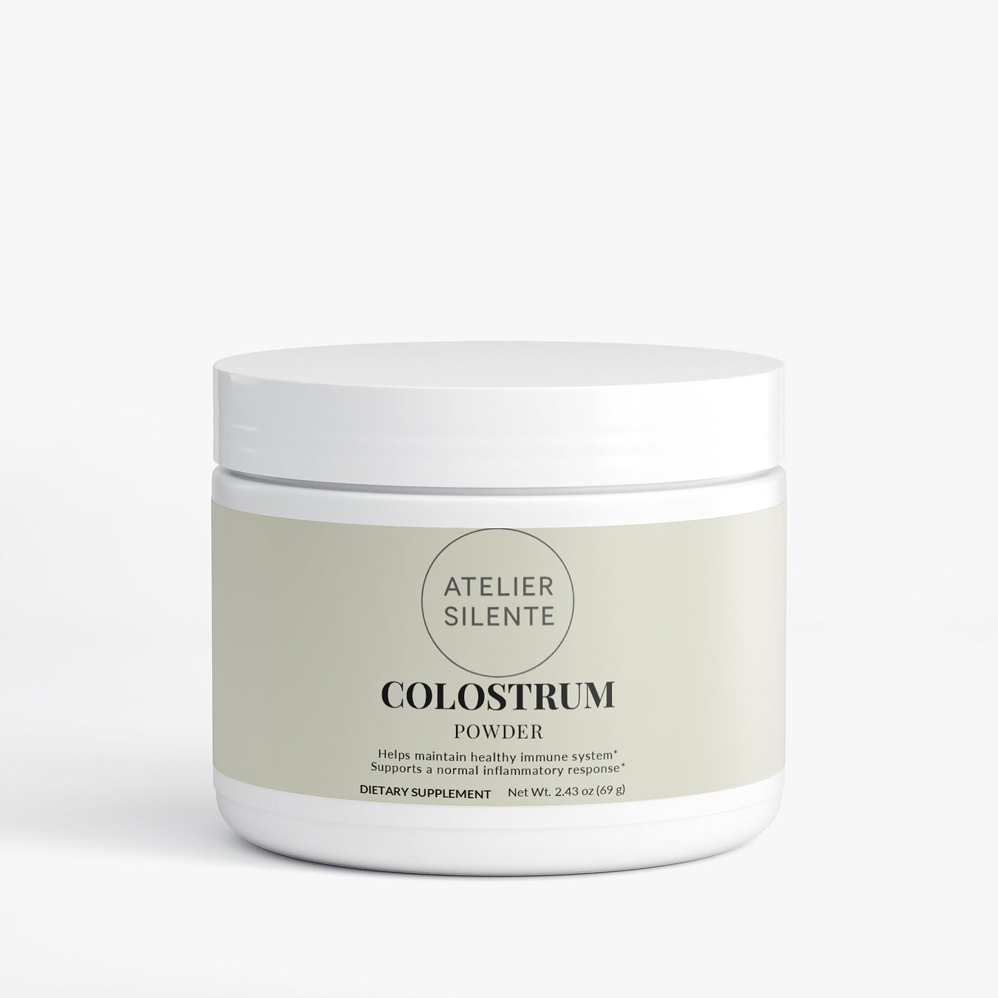 Colostrum Powder from Atelier Silente in a white container for gut comfort and immune support.