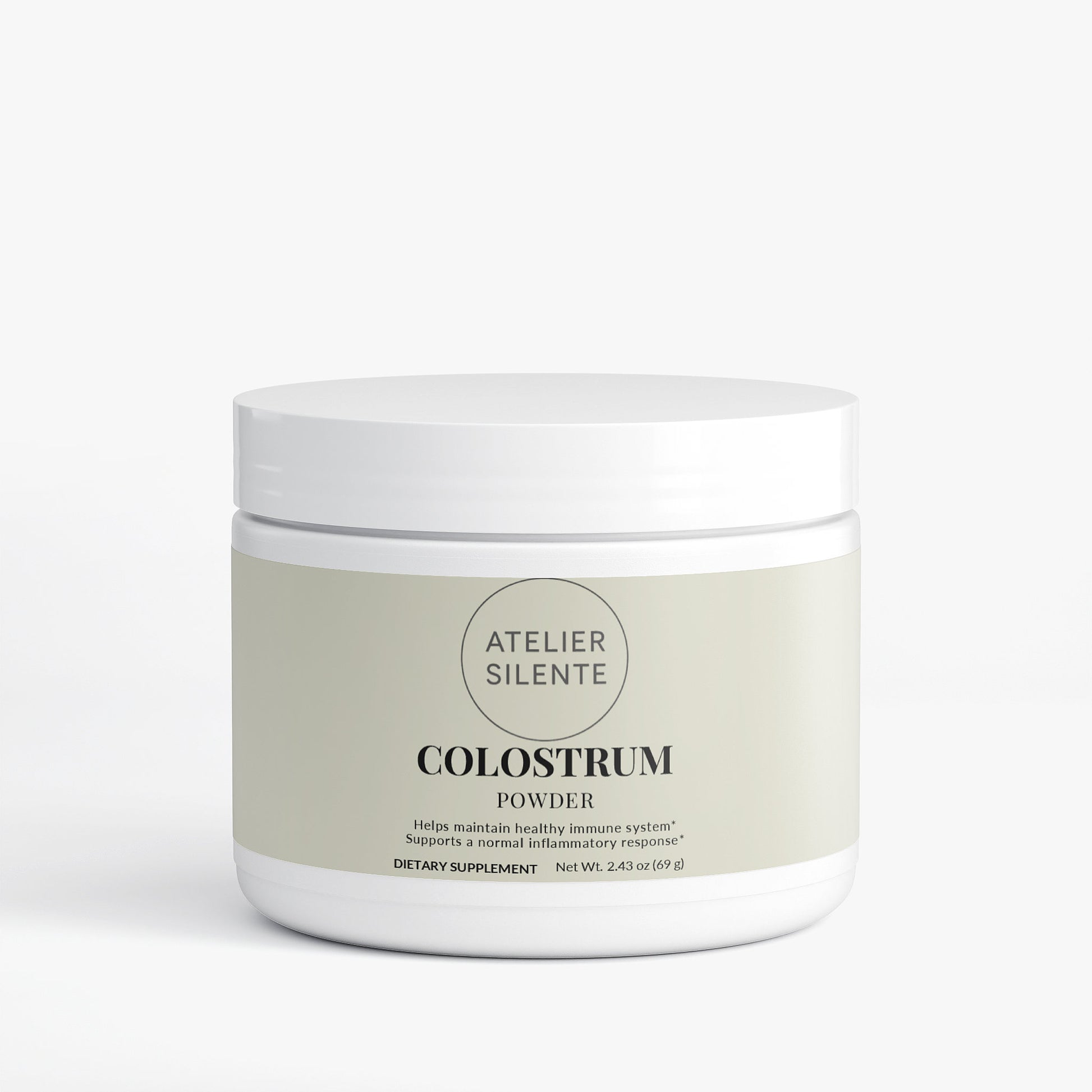 Colostrum Powder from Atelier Silente in a white container for gut comfort and immune support.