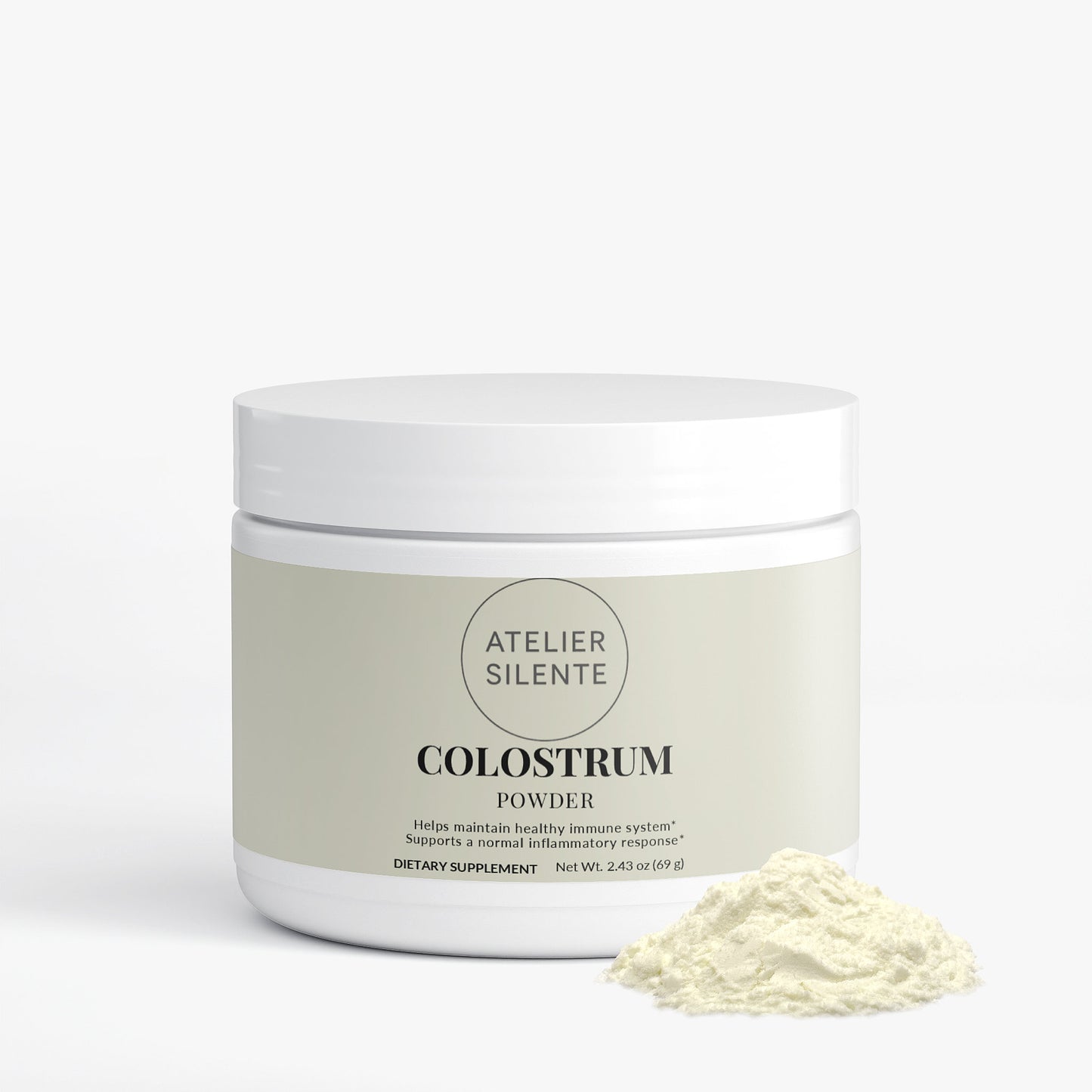 Colostrum Powder supplement jar with powder on a surface for gut comfort and immune support.