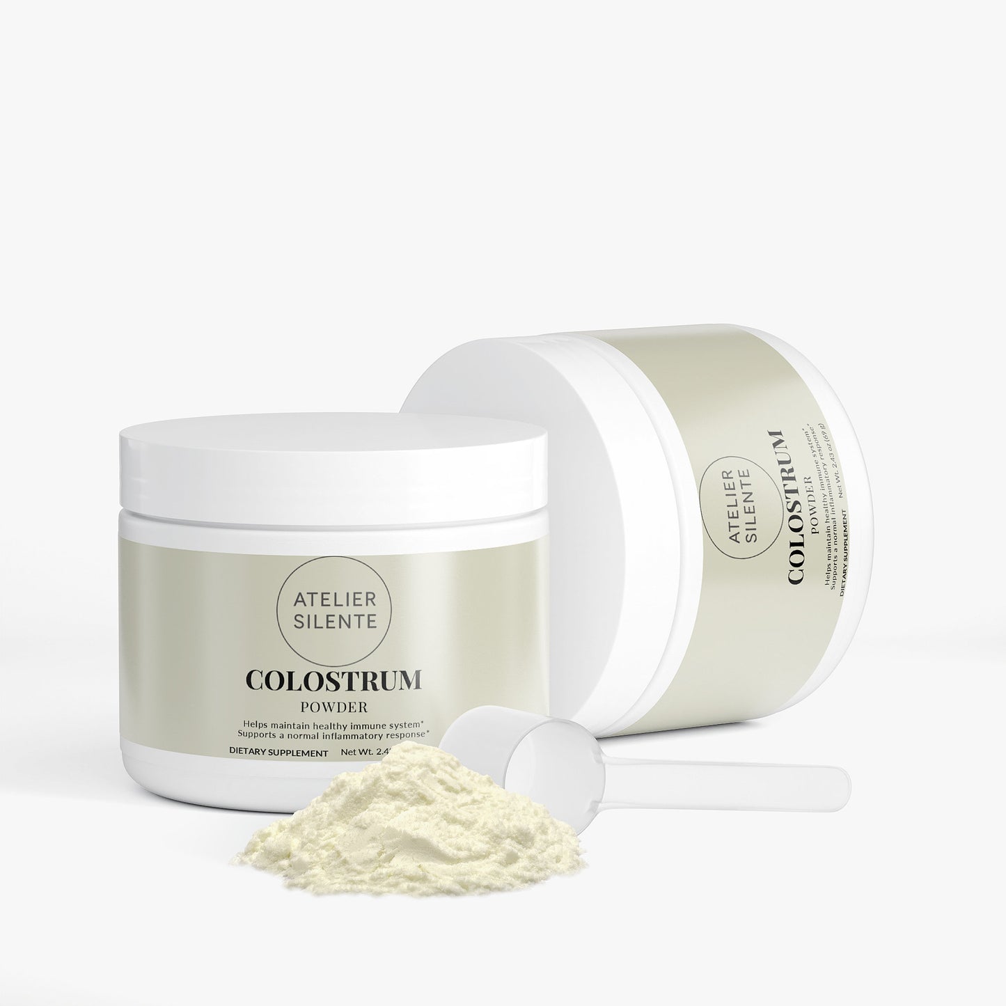 Colostrum Powder product packaging featuring a scoop and container for gut comfort and immunity support.