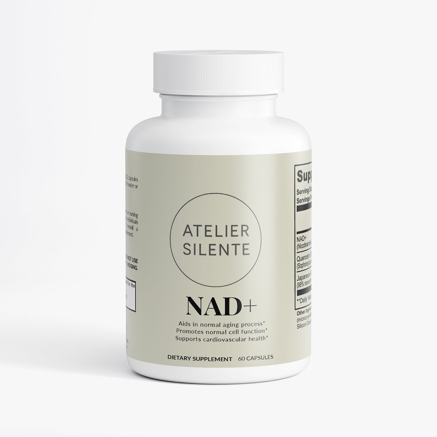 NAD+ dietary supplement bottle, supports cellular energy and metabolic function for clear focus.