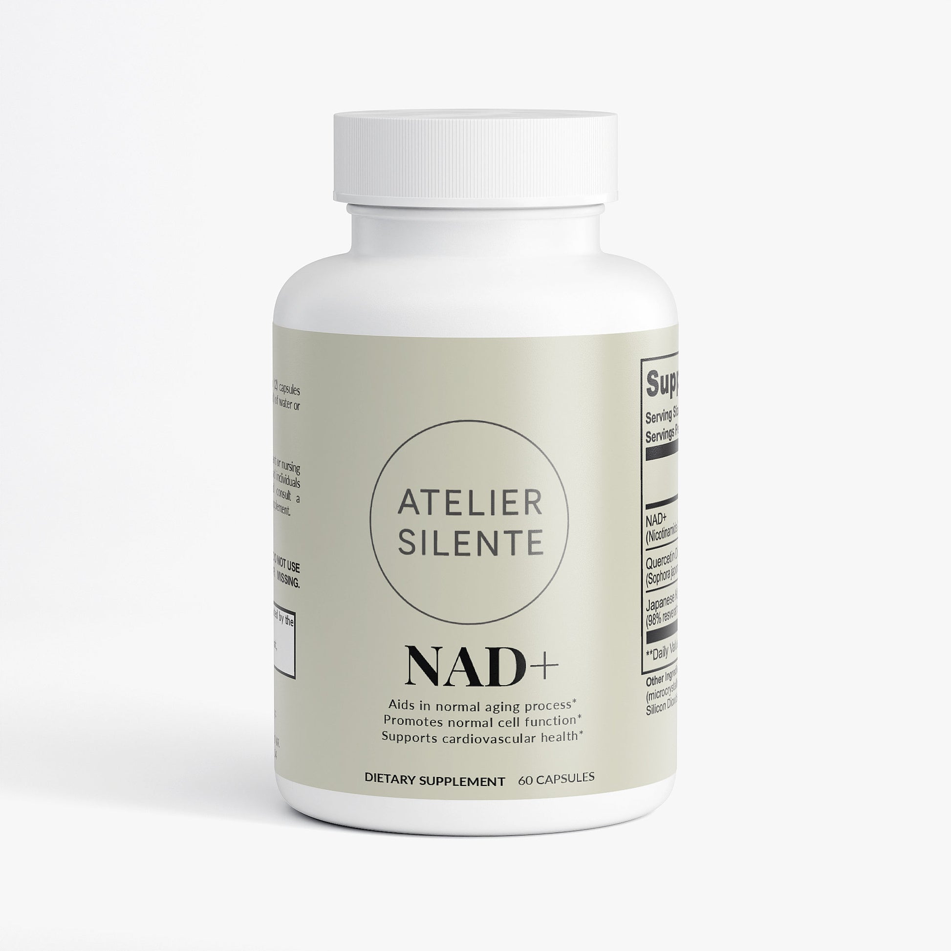 NAD+ dietary supplement bottle, supports cellular energy and metabolic function for clear focus.