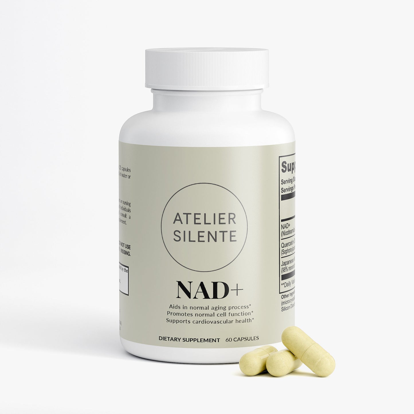 Atelier Silente NAD+ dietary supplement bottle with capsules supports cellular health and metabolic function.