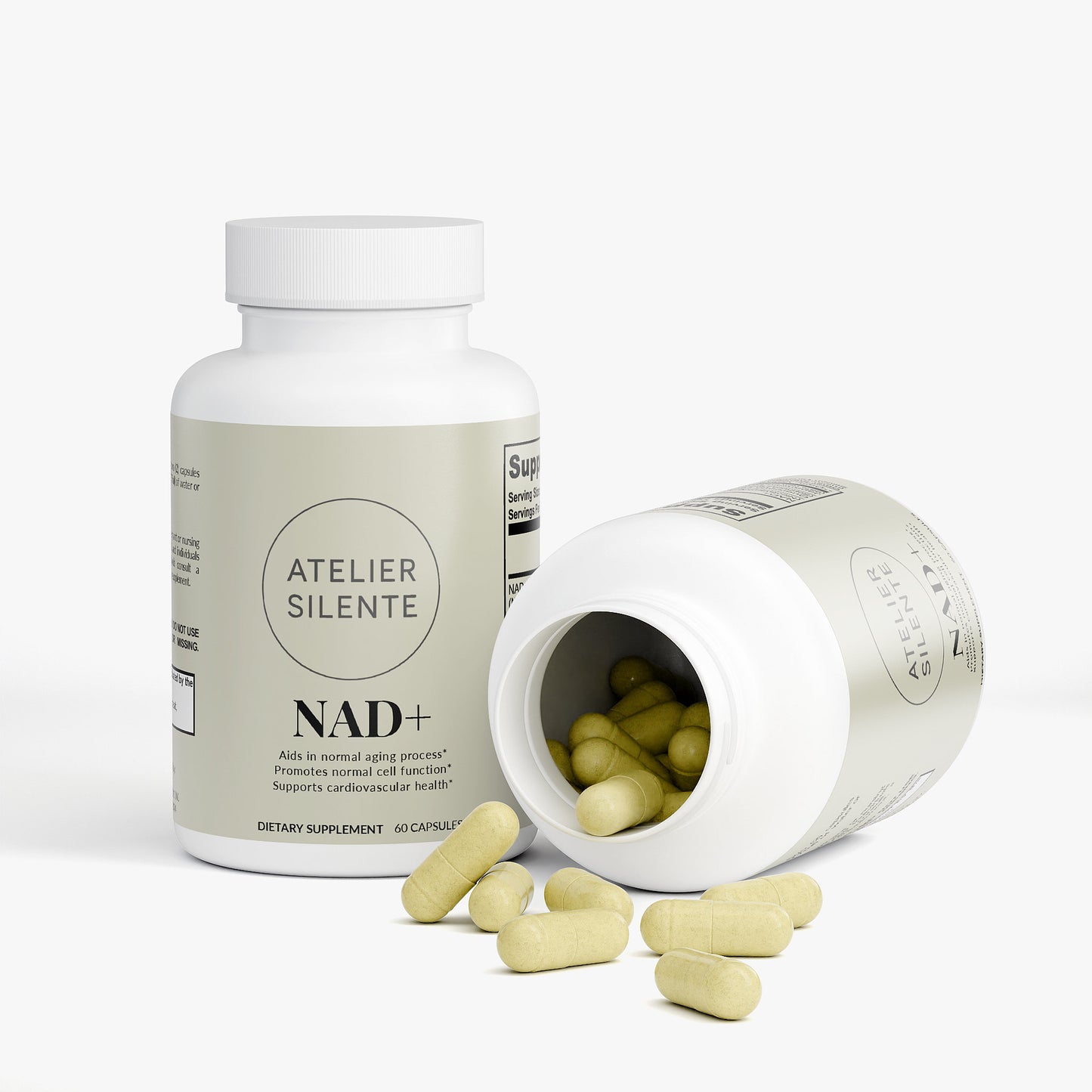Bottle of NAD+ dietary supplement with open lid and capsules spilled out, promoting cellular energy support.