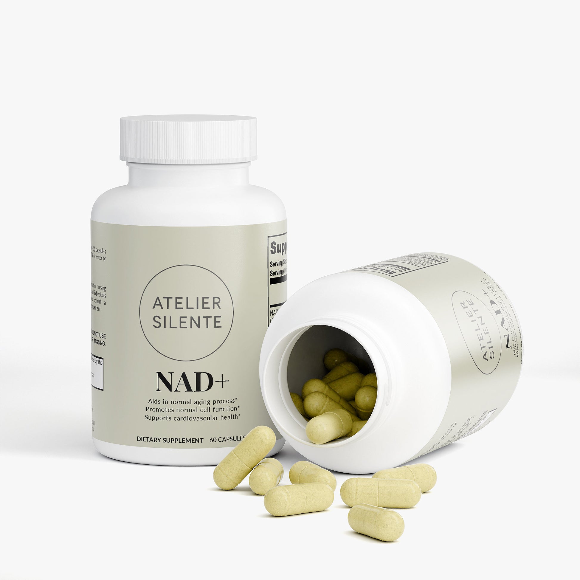 Bottle of NAD+ dietary supplement with open lid and capsules spilled out, promoting cellular energy support.