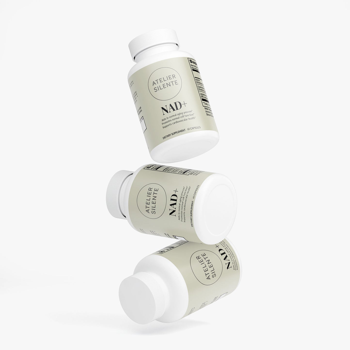 Three bottles of NAD+ by Atelier Silente, promoting cellular energy and calm focus.