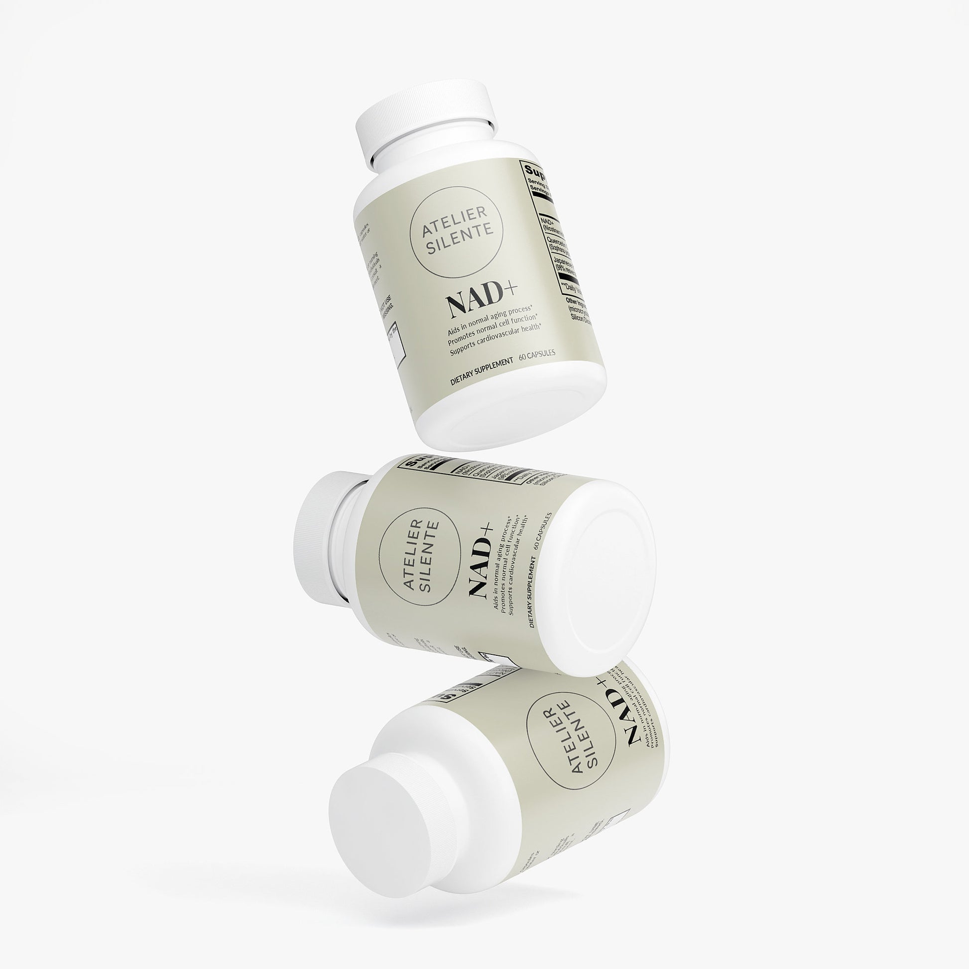 Three bottles of NAD+ by Atelier Silente, promoting cellular energy and calm focus.