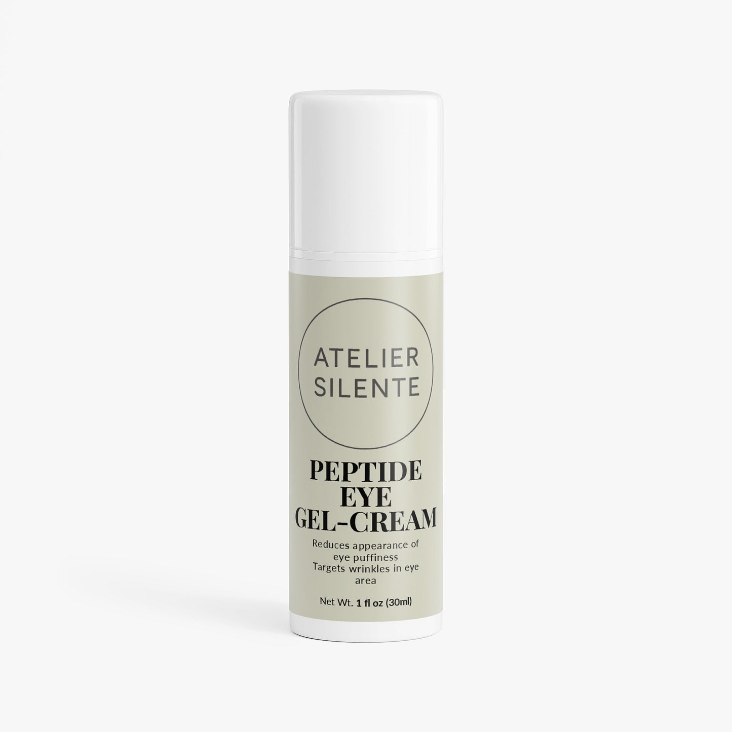 Peptide Eye Gel-Cream from Atelier Silente in a sleek bottle, targeting eye puffiness and wrinkles.