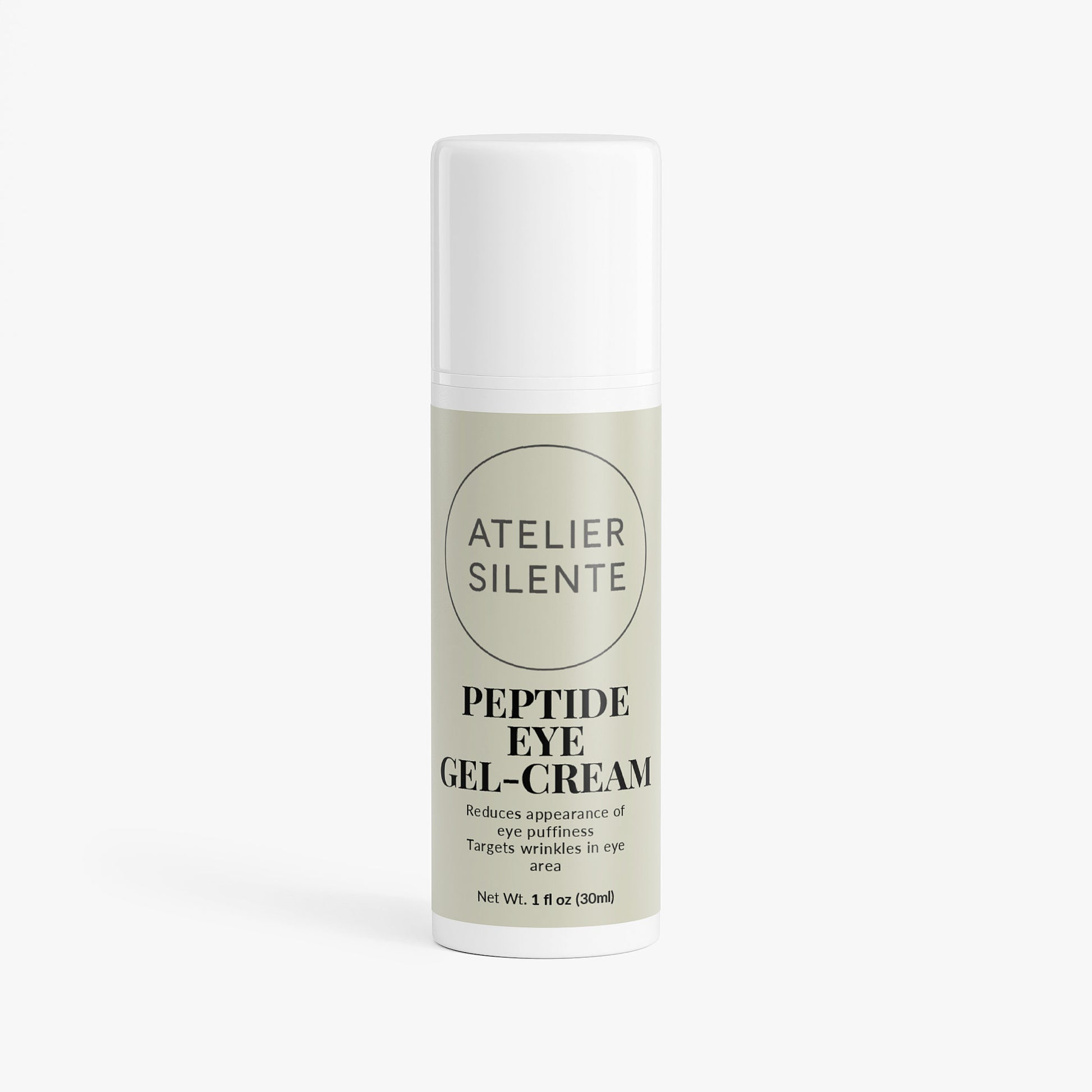 Peptide Eye Gel-Cream from Atelier Silente in a sleek bottle, targeting eye puffiness and wrinkles.