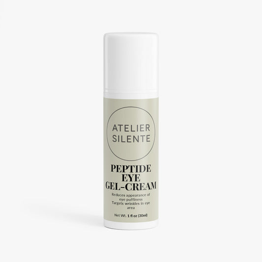 Peptide Eye Gel-Cream from Atelier Silente in a sleek bottle, targeting eye puffiness and wrinkles.