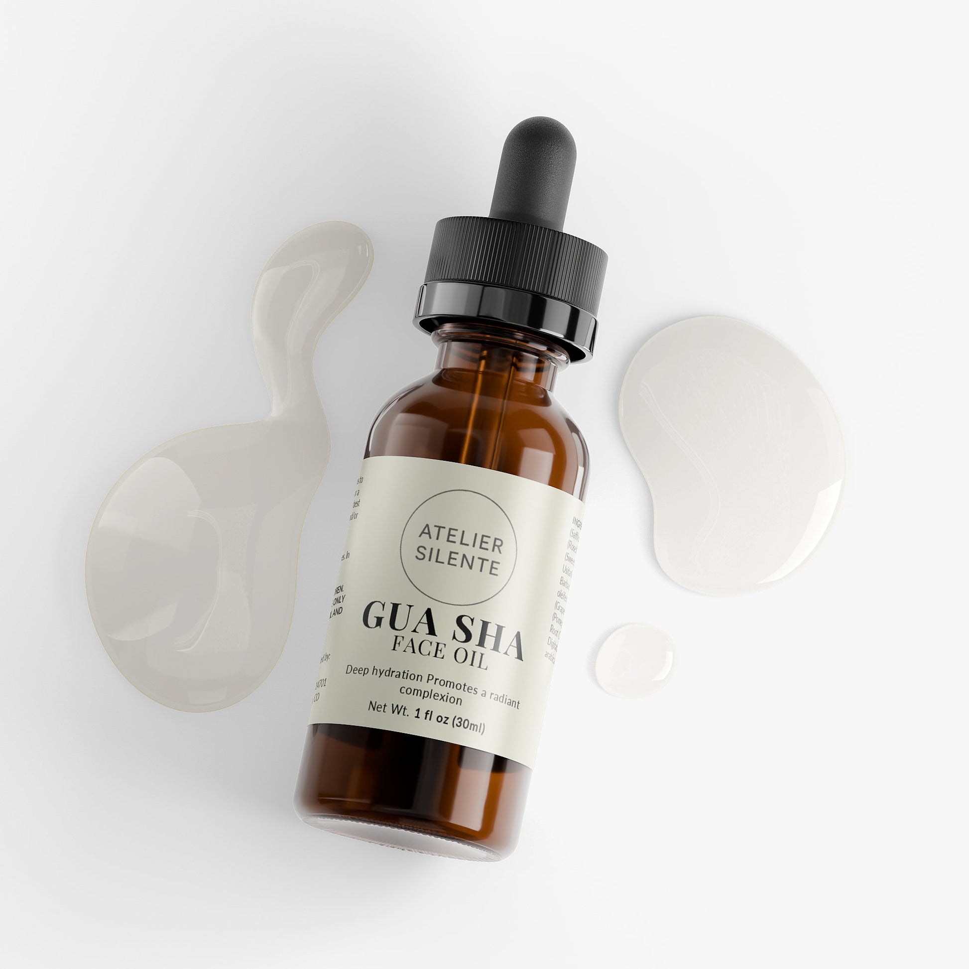Gua Sha Face Oil bottle with oil drops for nourishing skin hydration and radiance.