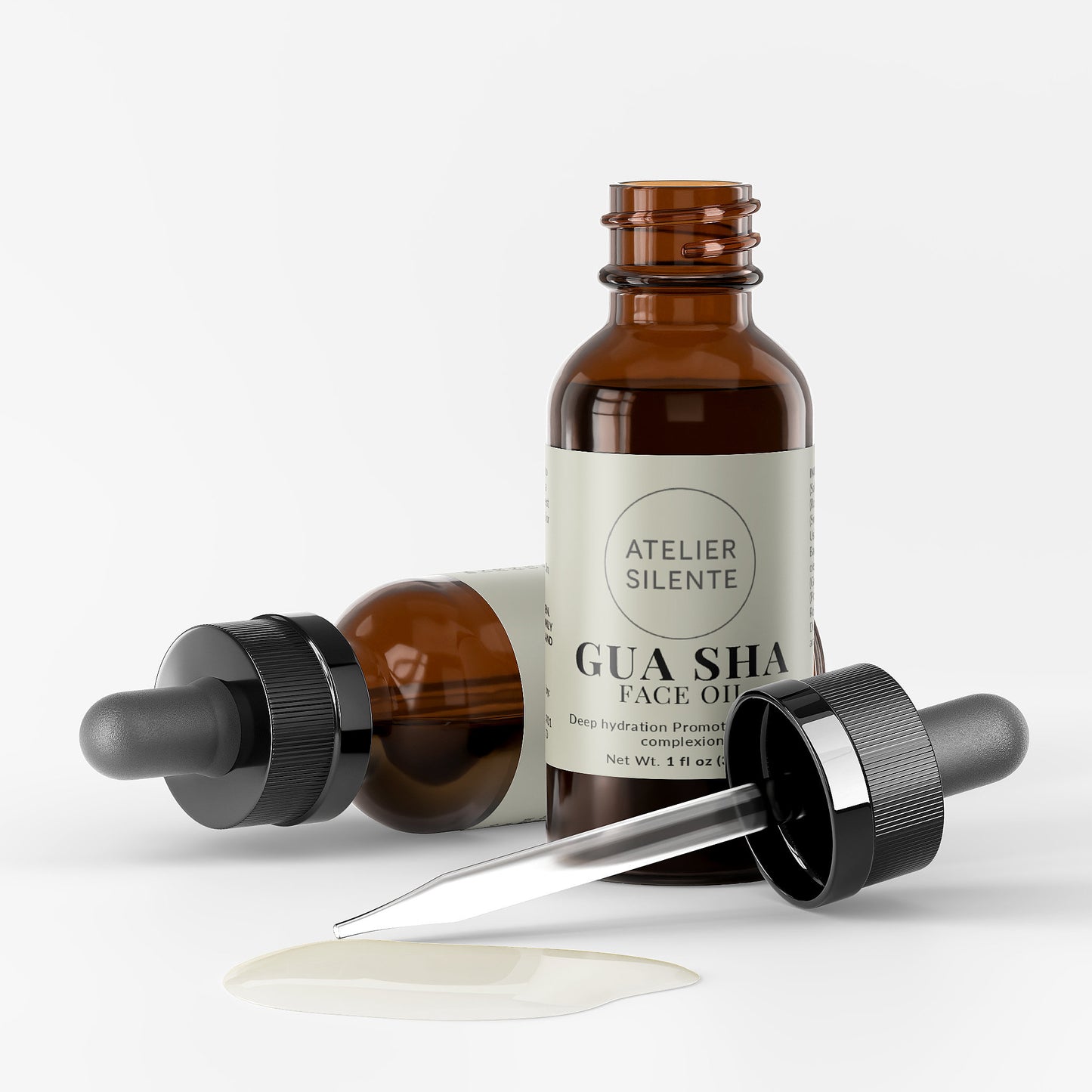 Gua Sha Face Oil bottle with dropper, promoting radiant skin and cushioning moisture.