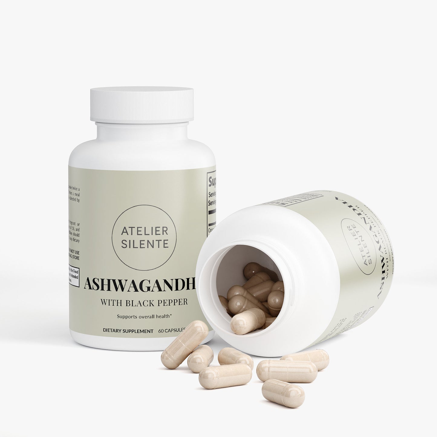 Ashwagandha bottle with black pepper capsules for overall health support.