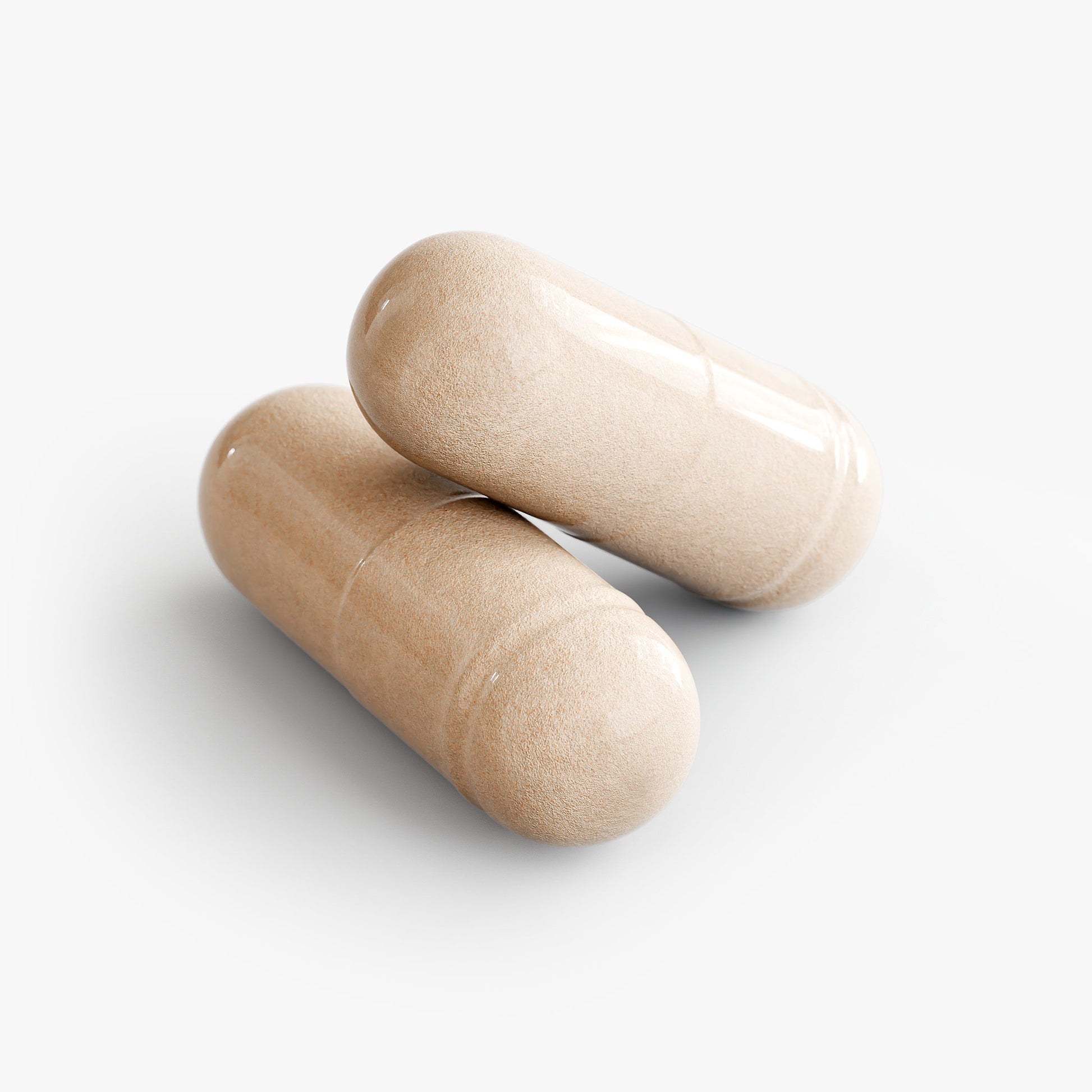Two capsules of Ashwagandha on a neutral background, promoting calm and focus.