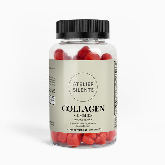 Collagen Gummies with Biotin in a clear jar; promotes healthy skin, hair, nails, and joints, orange flavor.