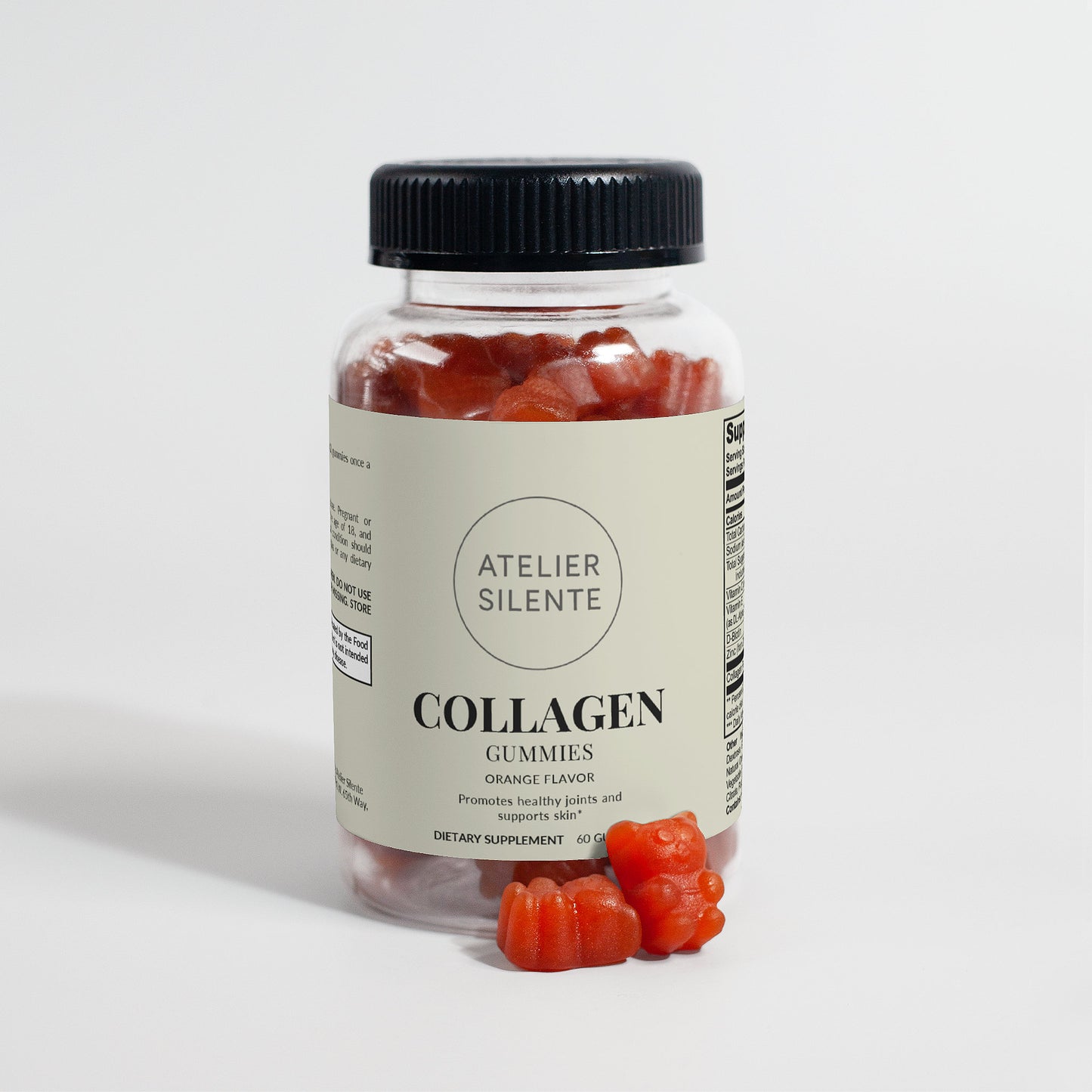 Collagen Gummies with Biotin in a clear jar, orange-flavored dietary supplement for skin and nail health.