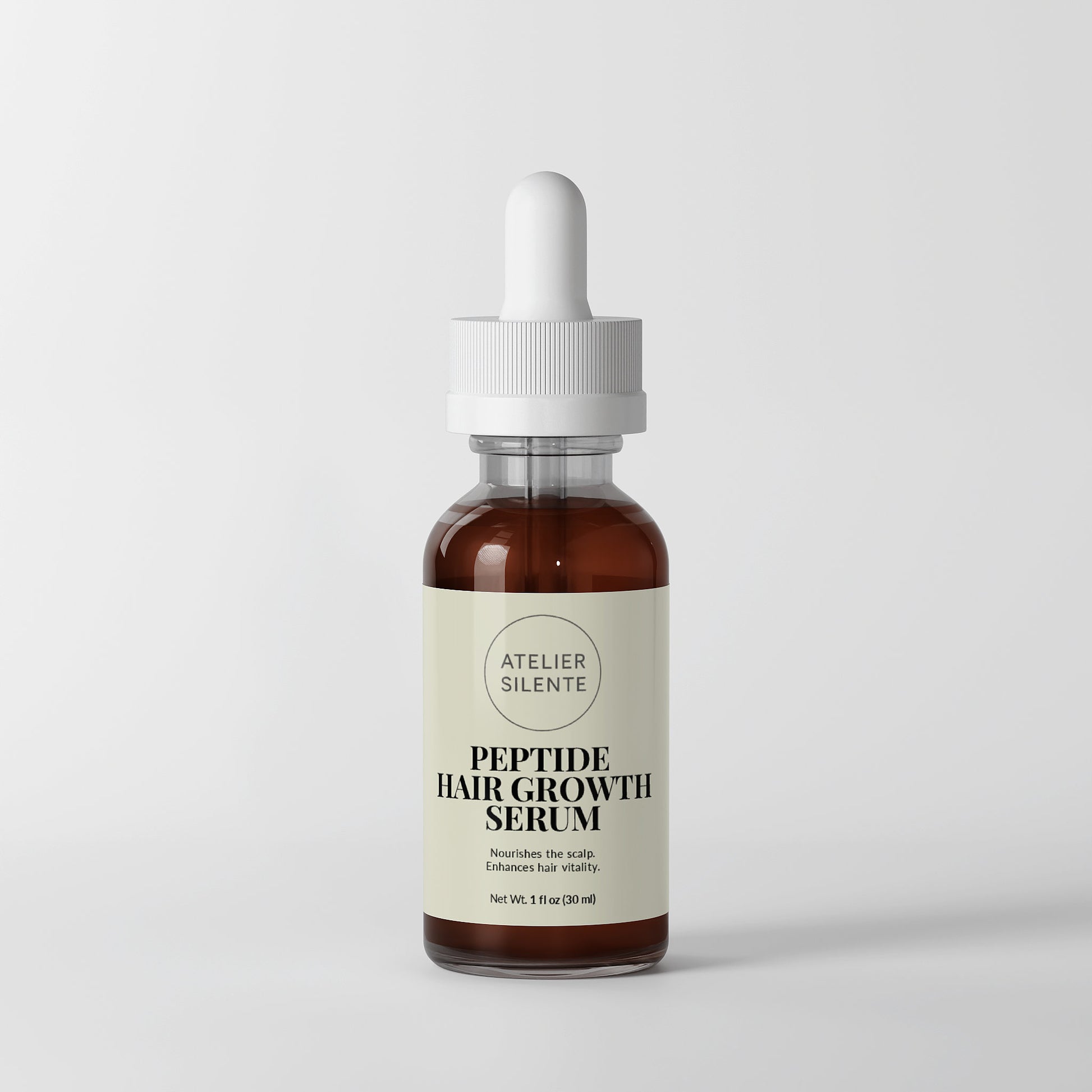 Peptide Hair Growth Serum in a dropper bottle, promotes fuller and stronger hair with enhanced shine.