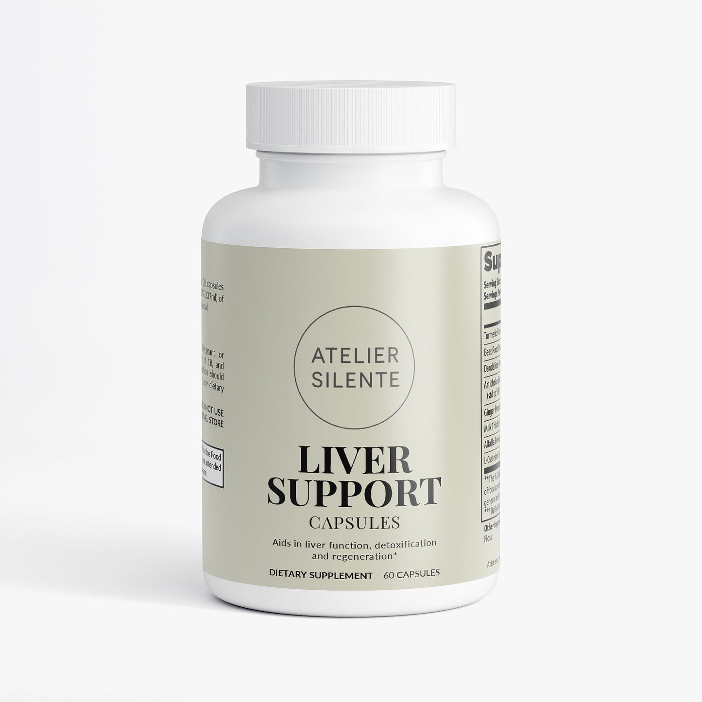 Bottle of Liver Support capsules for liver health and detoxification, dietary supplement by Atelier Silente.