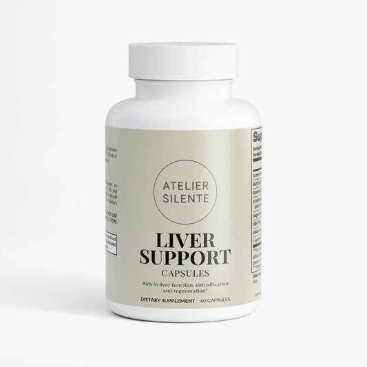 Bottle of Liver Support capsules for liver health and detoxification, dietary supplement by Atelier Silente.