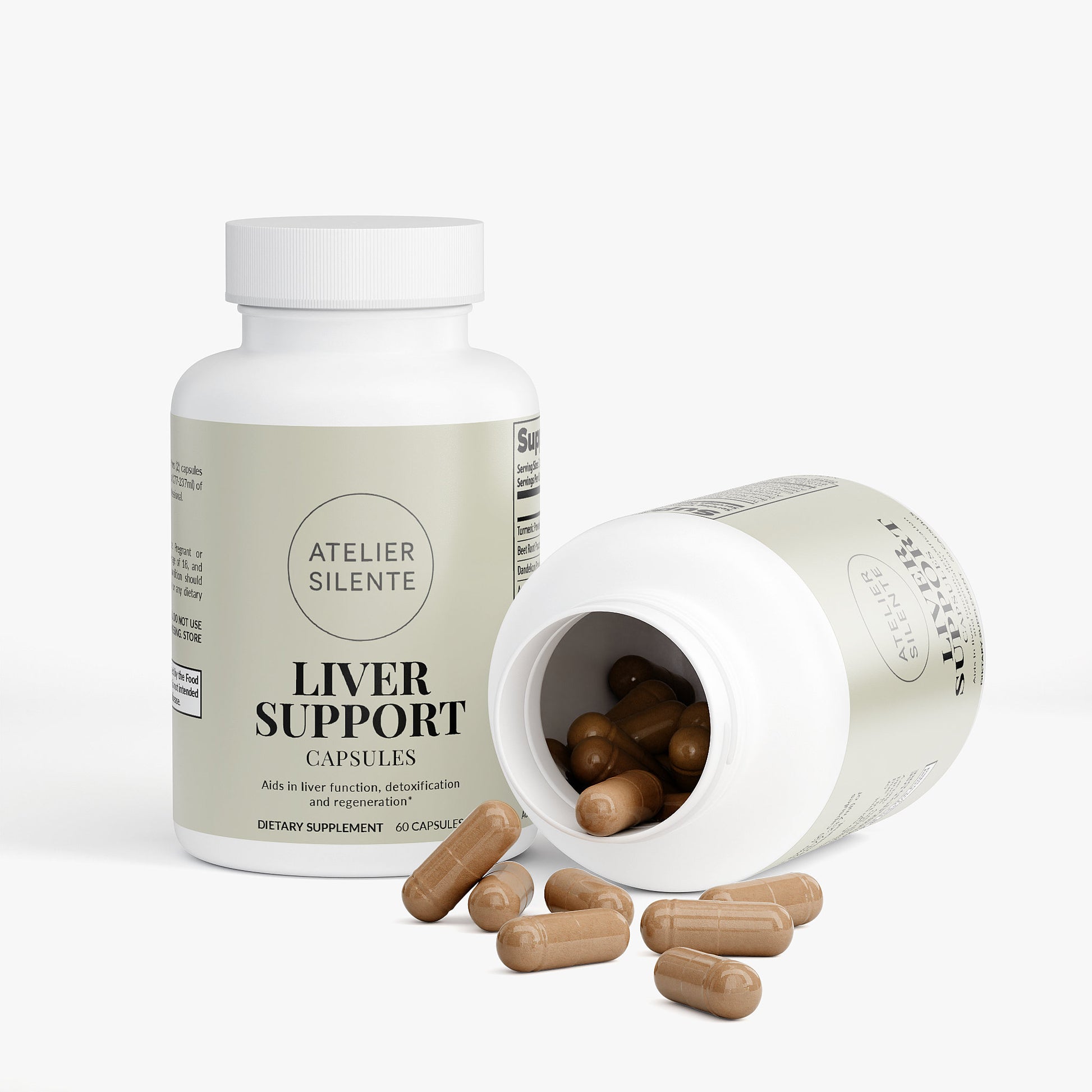 LIVER SUPPORT capsules bottle and spilled capsules for liver health and detoxification support.