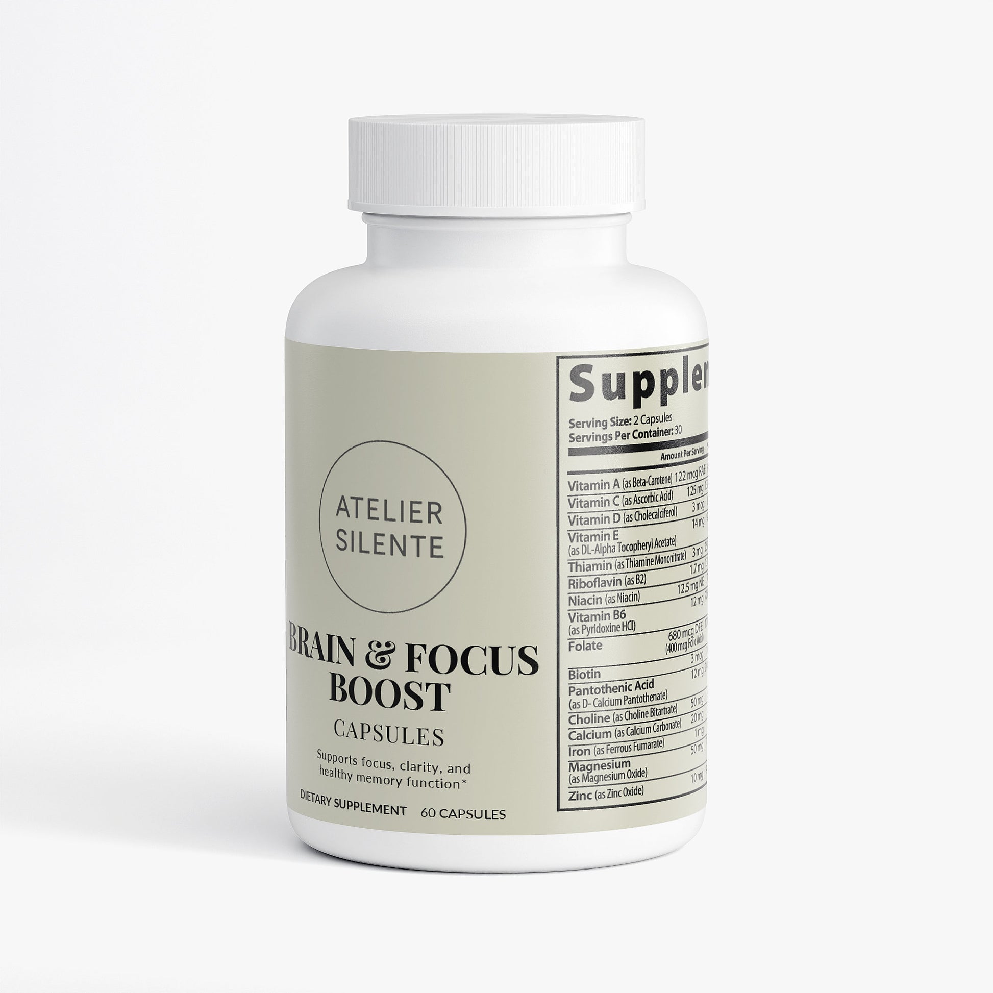 Atelier Silente Brain & Focus Boost capsules for enhanced focus and memory support.