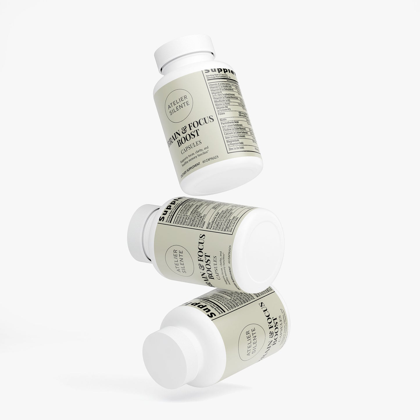Brain & Focus Boost supplement bottles for improved focus and mental clarity.