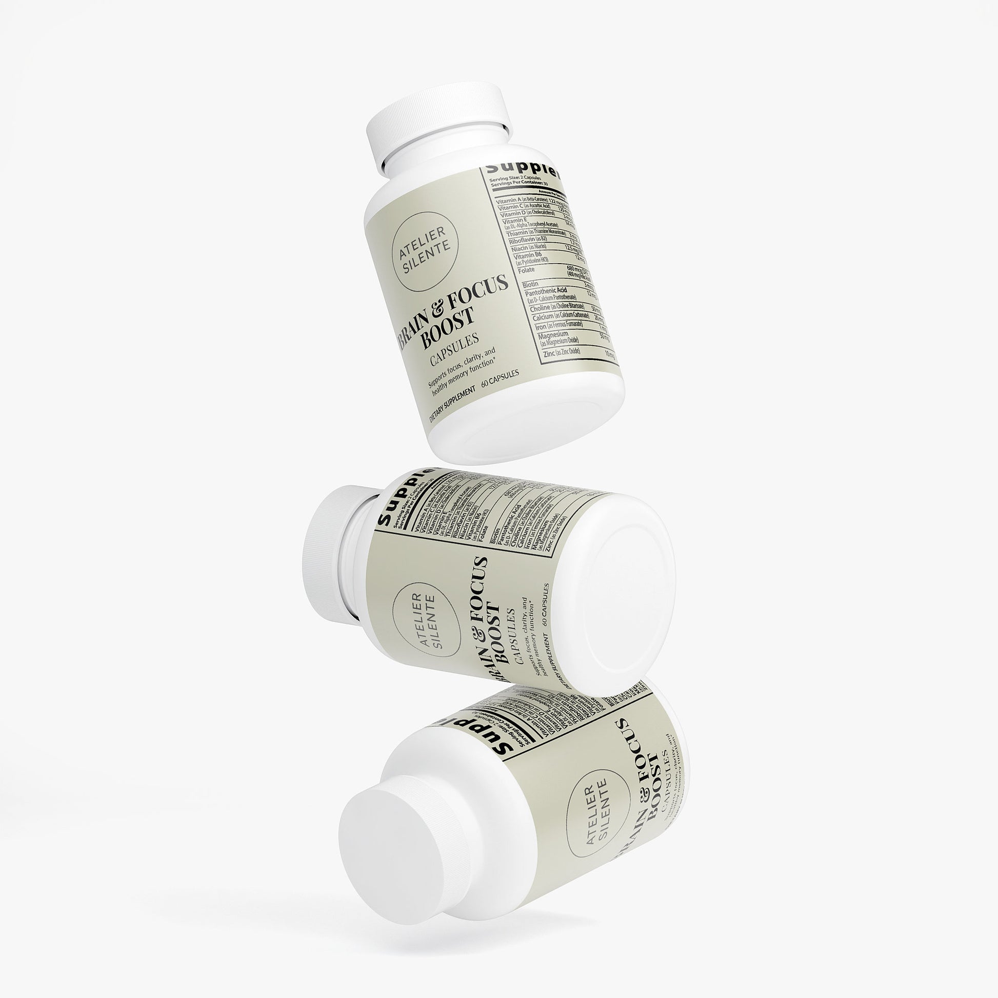 Brain & Focus Boost supplement bottles for improved focus and mental clarity.