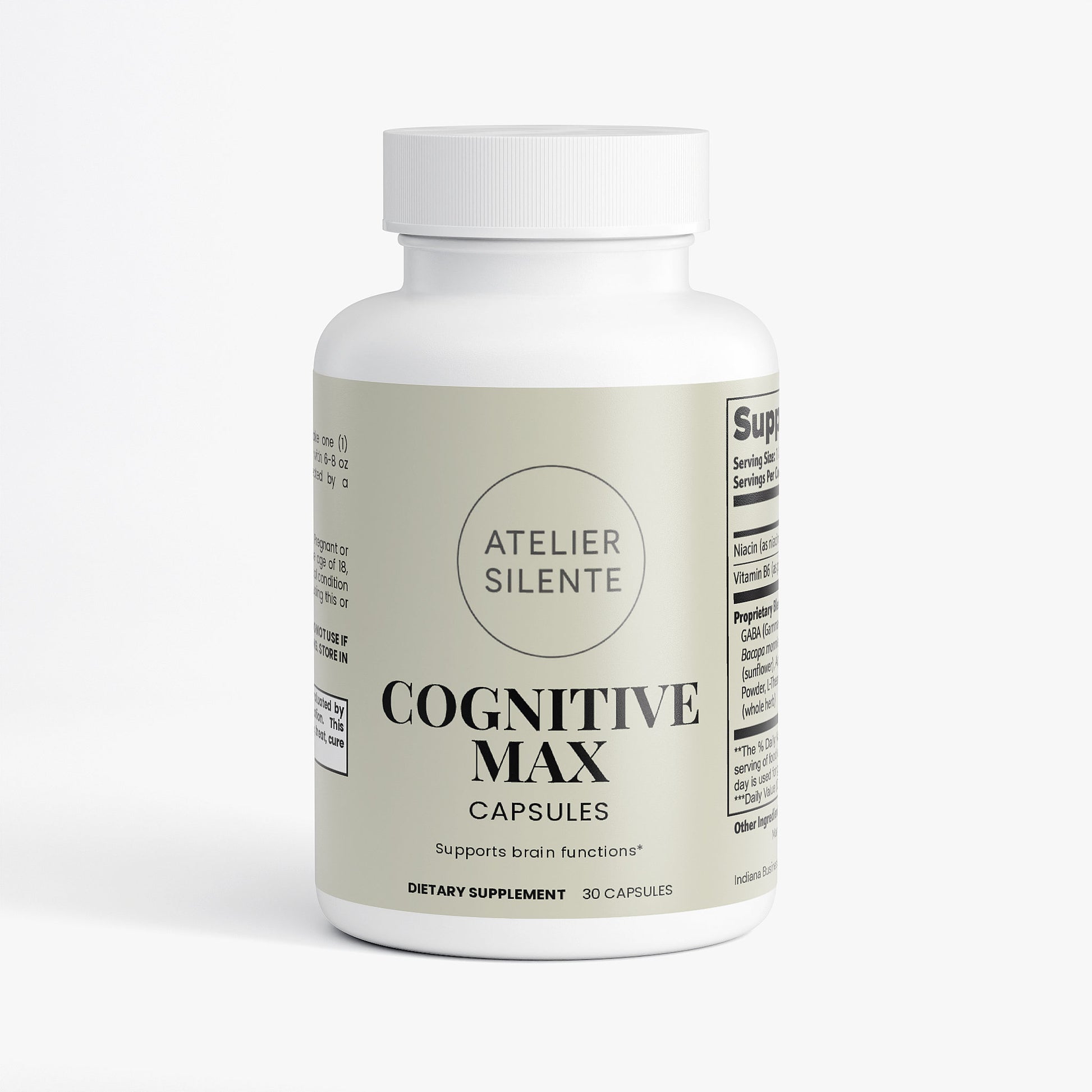 Cognitive Max dietary supplement capsules for clear focus and brain support by Atelier Silente.
