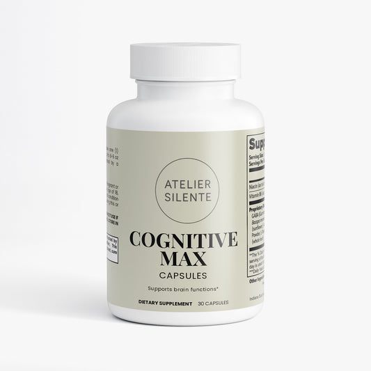 Cognitive Max dietary supplement capsules for clear focus and brain support by Atelier Silente.