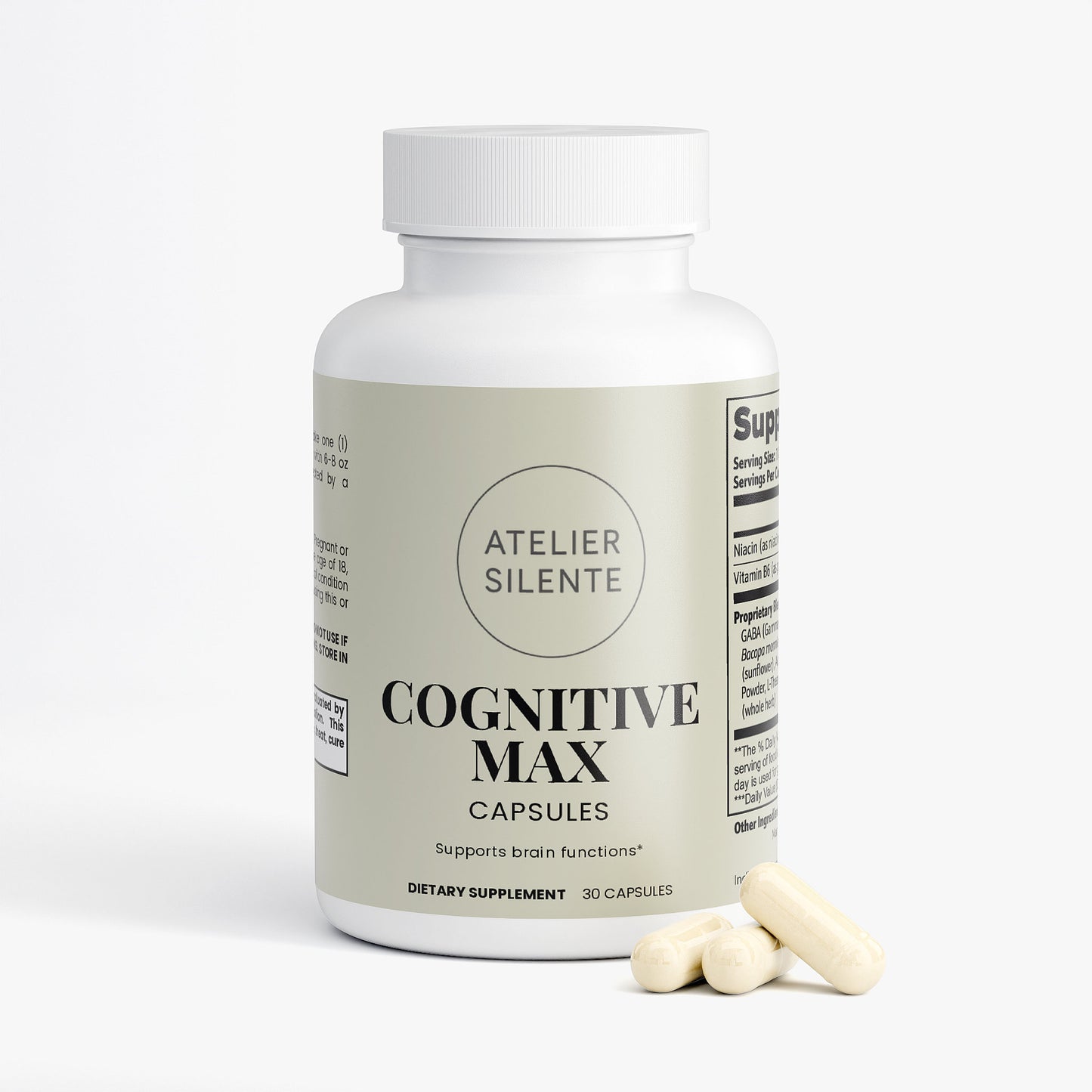 Cognitive Max dietary supplement bottle with capsules to support brain functions.