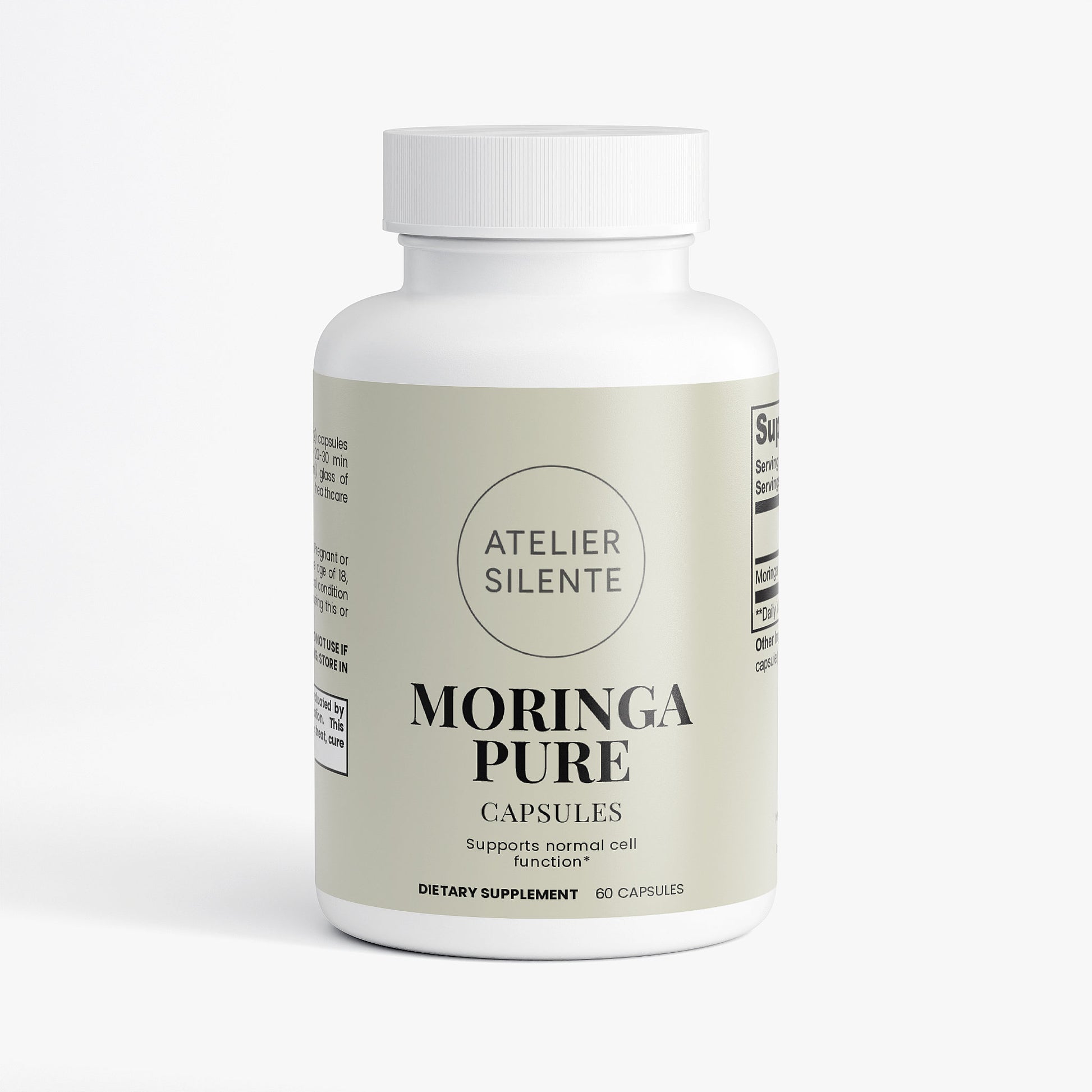 Moringa Pure supplement bottle featuring 60 capsules for steady energy and improved digestion.