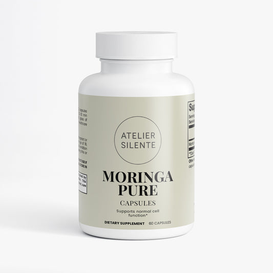 Moringa Pure supplement bottle featuring 60 capsules for steady energy and improved digestion.