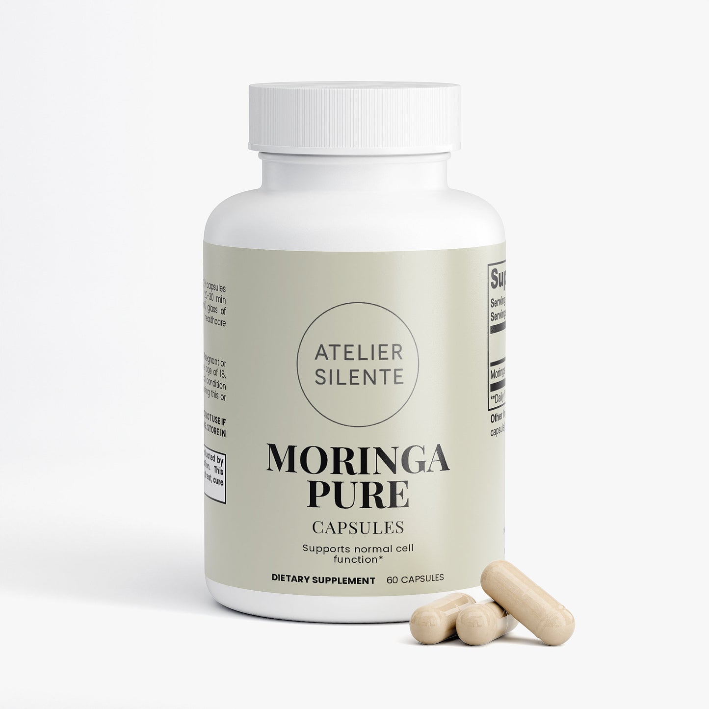 Moringa Pure capsules bottle with a label highlighting dietary supplement benefits.